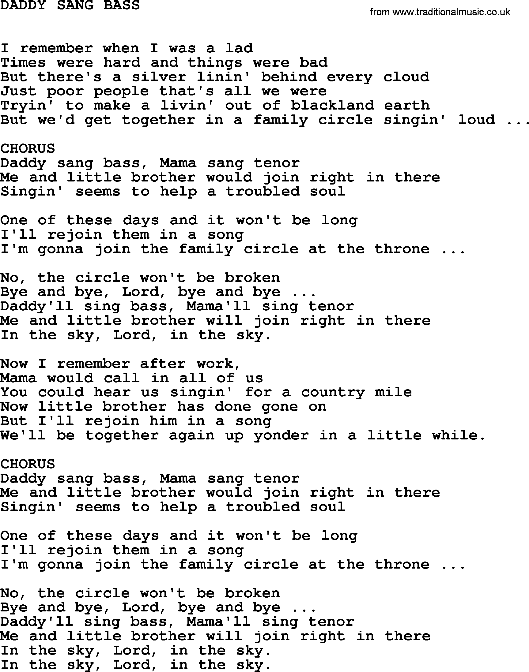 Johnny Cash song Daddy Sang Bass.txt lyrics