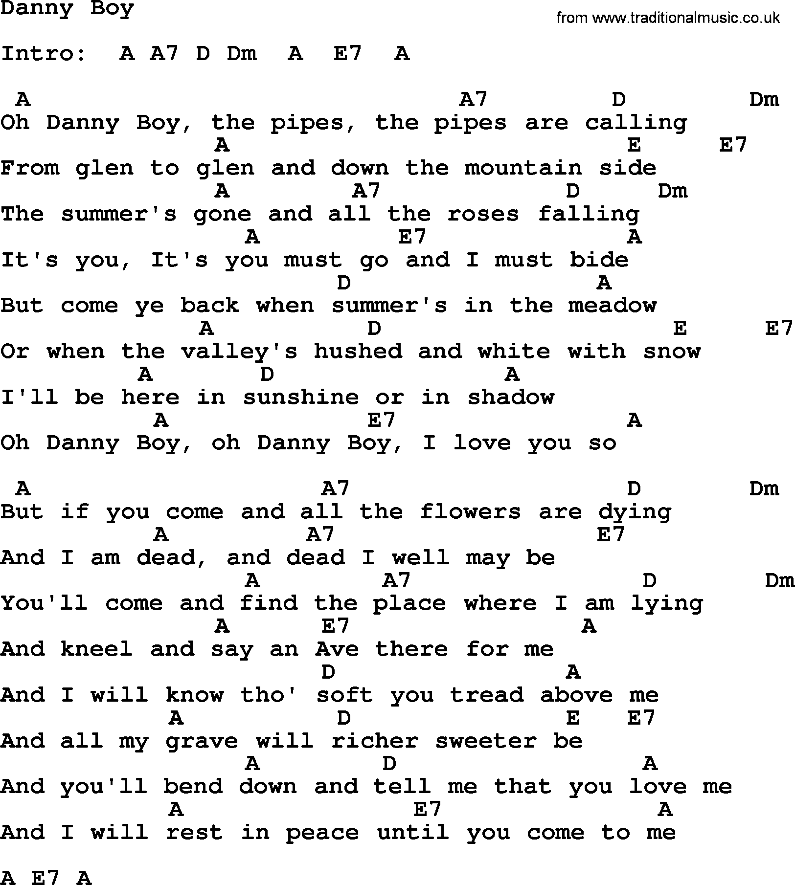 Johnny Cash song Danny Boy, lyrics and chords