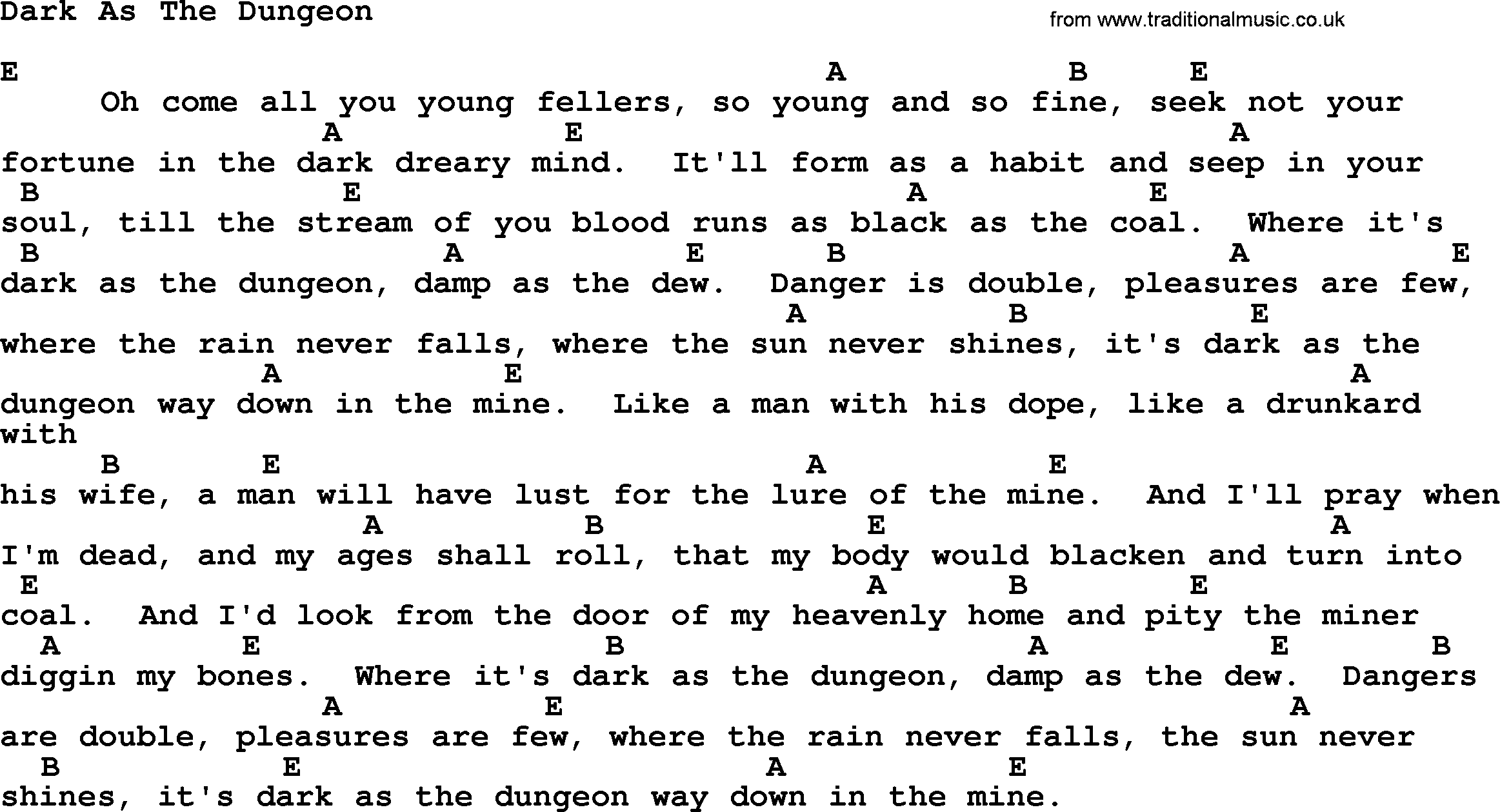 Johnny Cash song Dark As The Dungeon(2), lyrics and chords