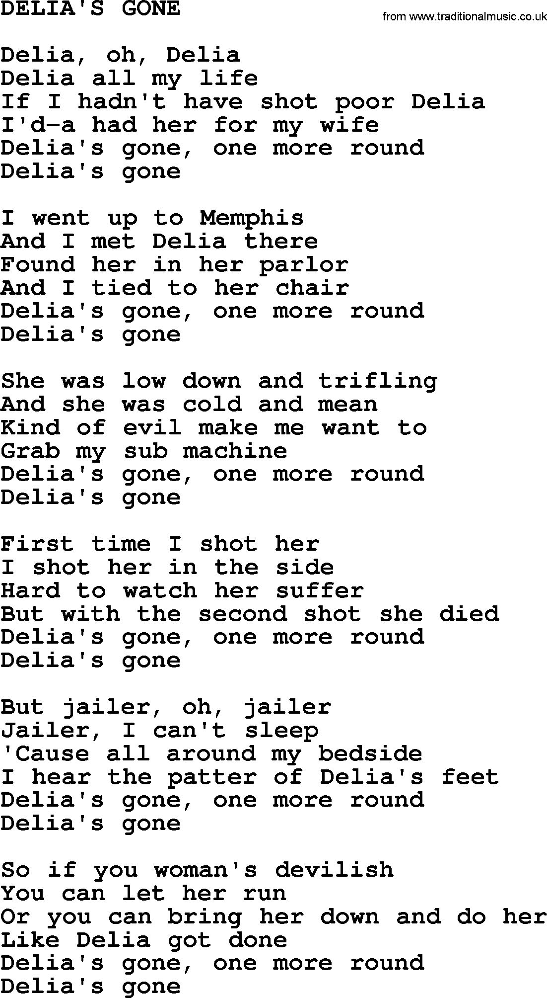 Johnny Cash song Delia's Gone.txt lyrics
