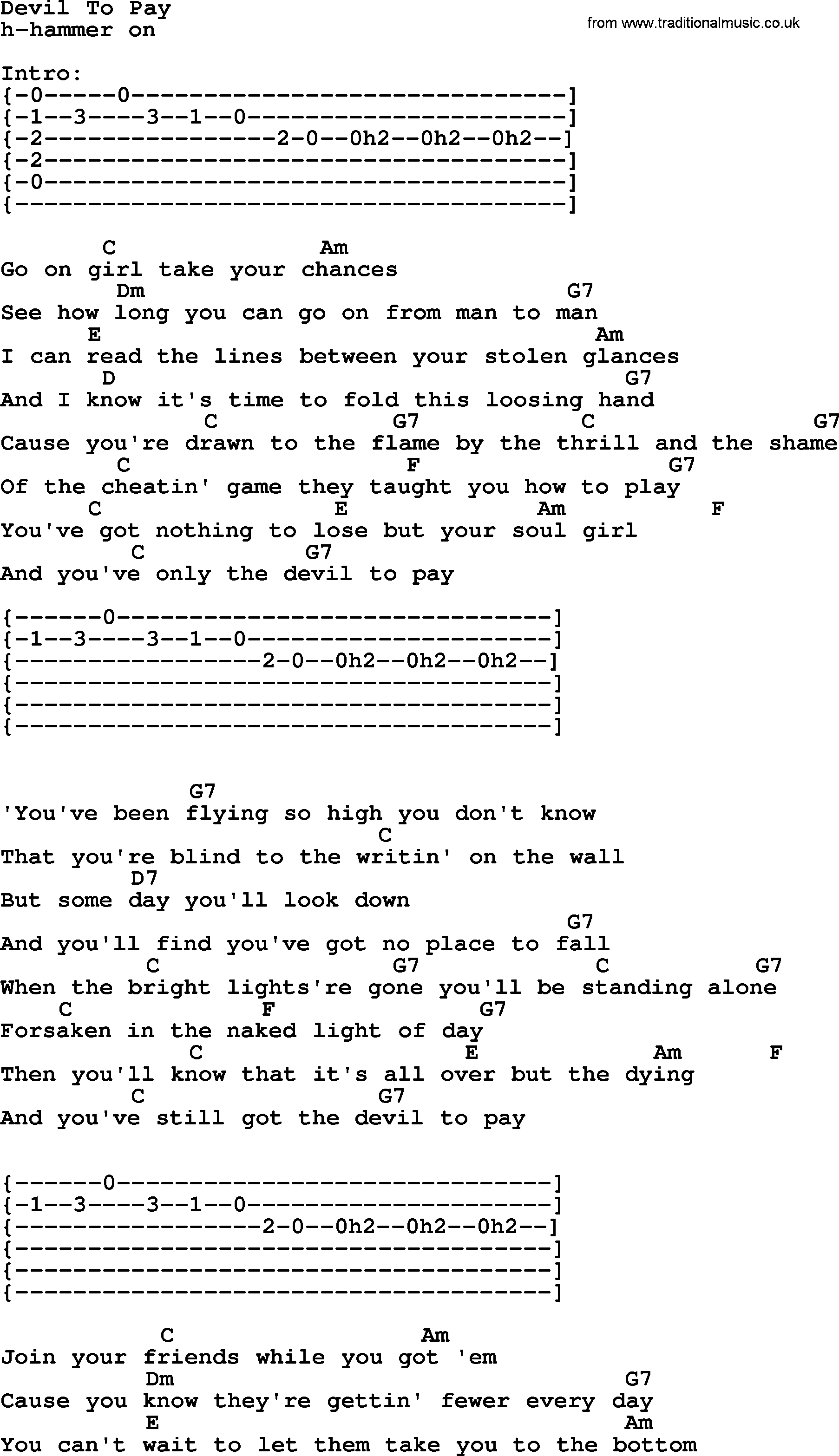 Johnny Cash song Devil To Pay, lyrics and chords