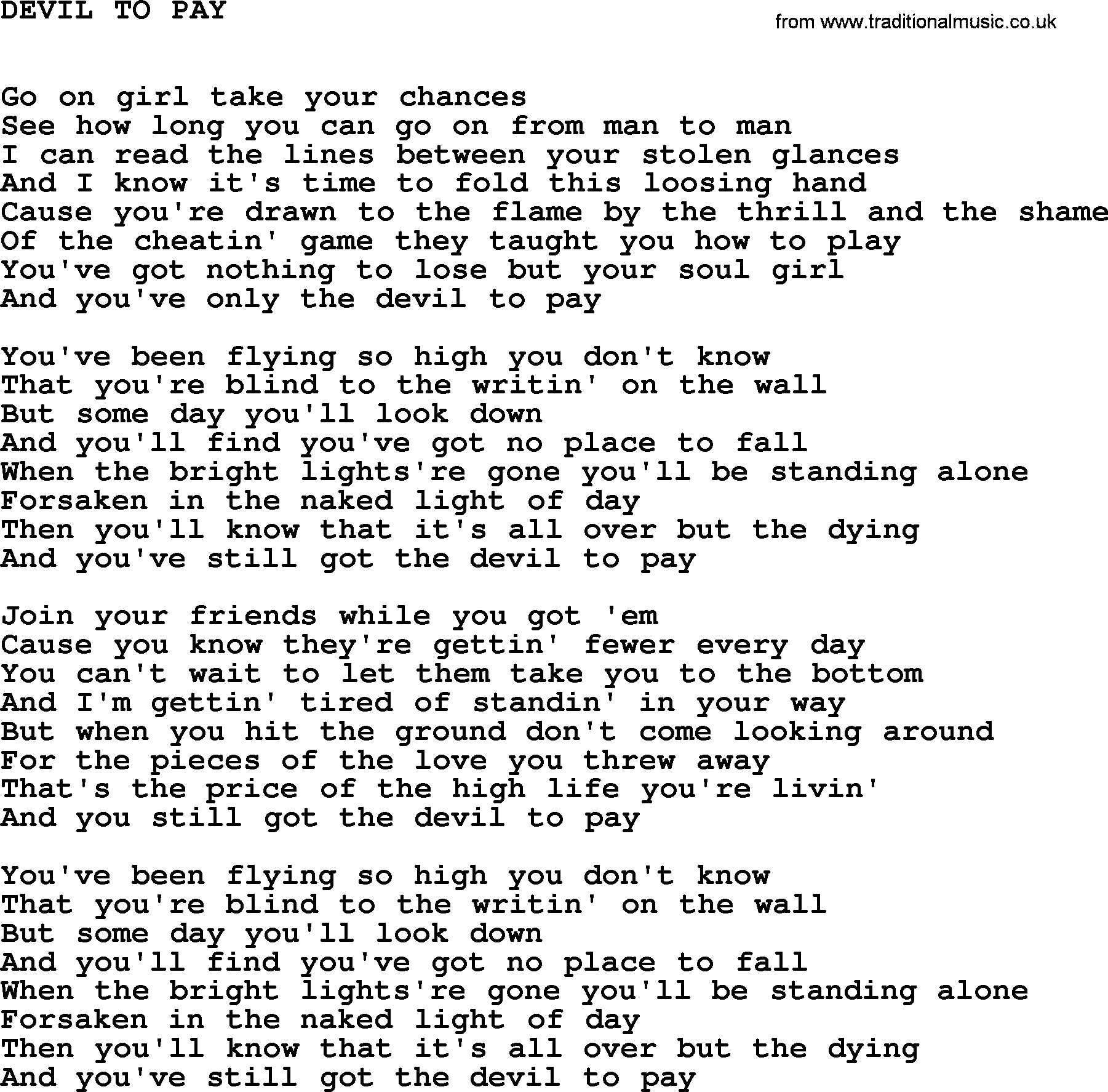 Johnny Cash song Devil To Pay.txt lyrics