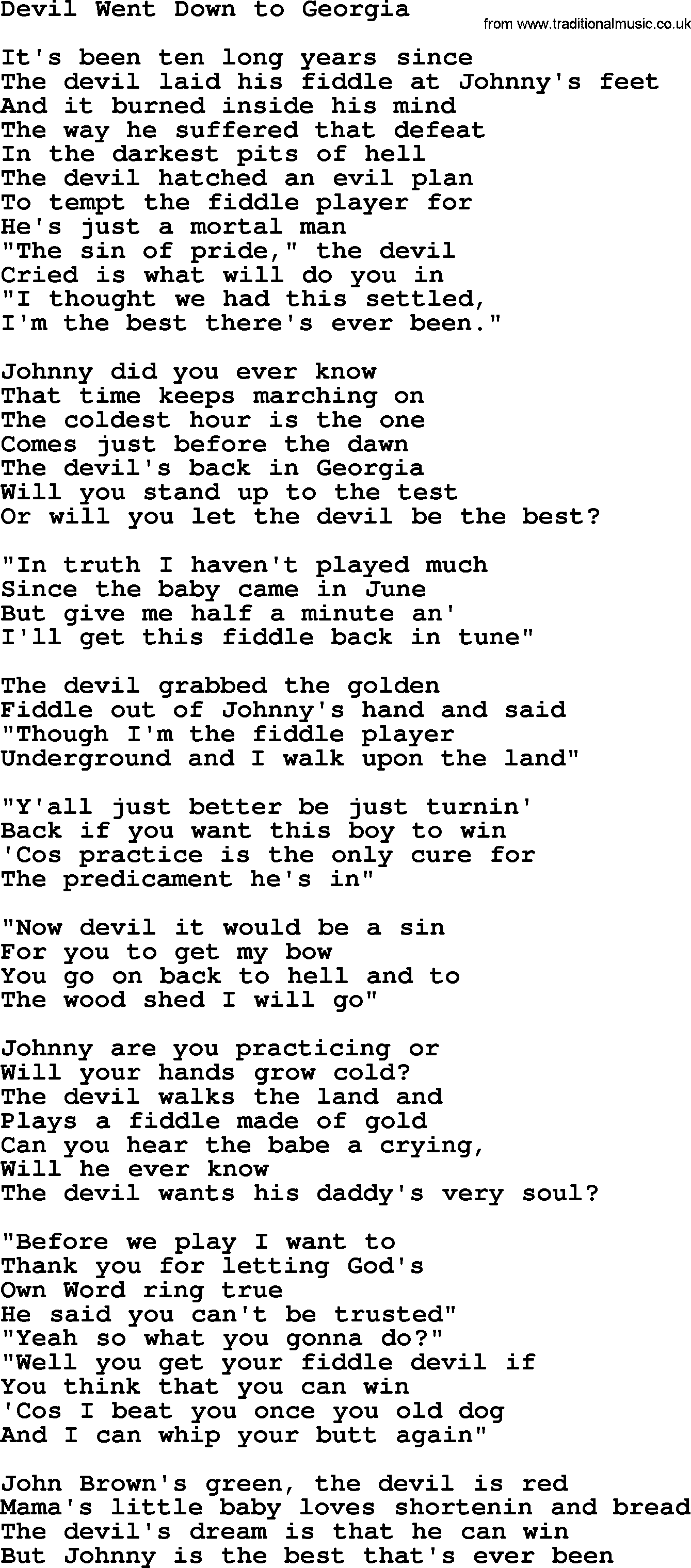 Johnny Cash song Devil Went Down To Georgia.txt lyrics