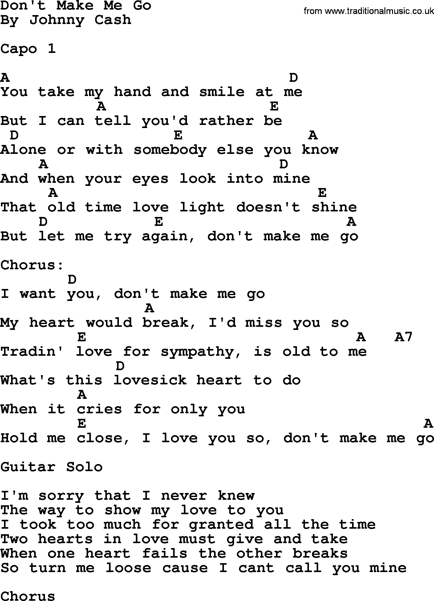Johnny Cash song Don't Make Me Go, lyrics and chords