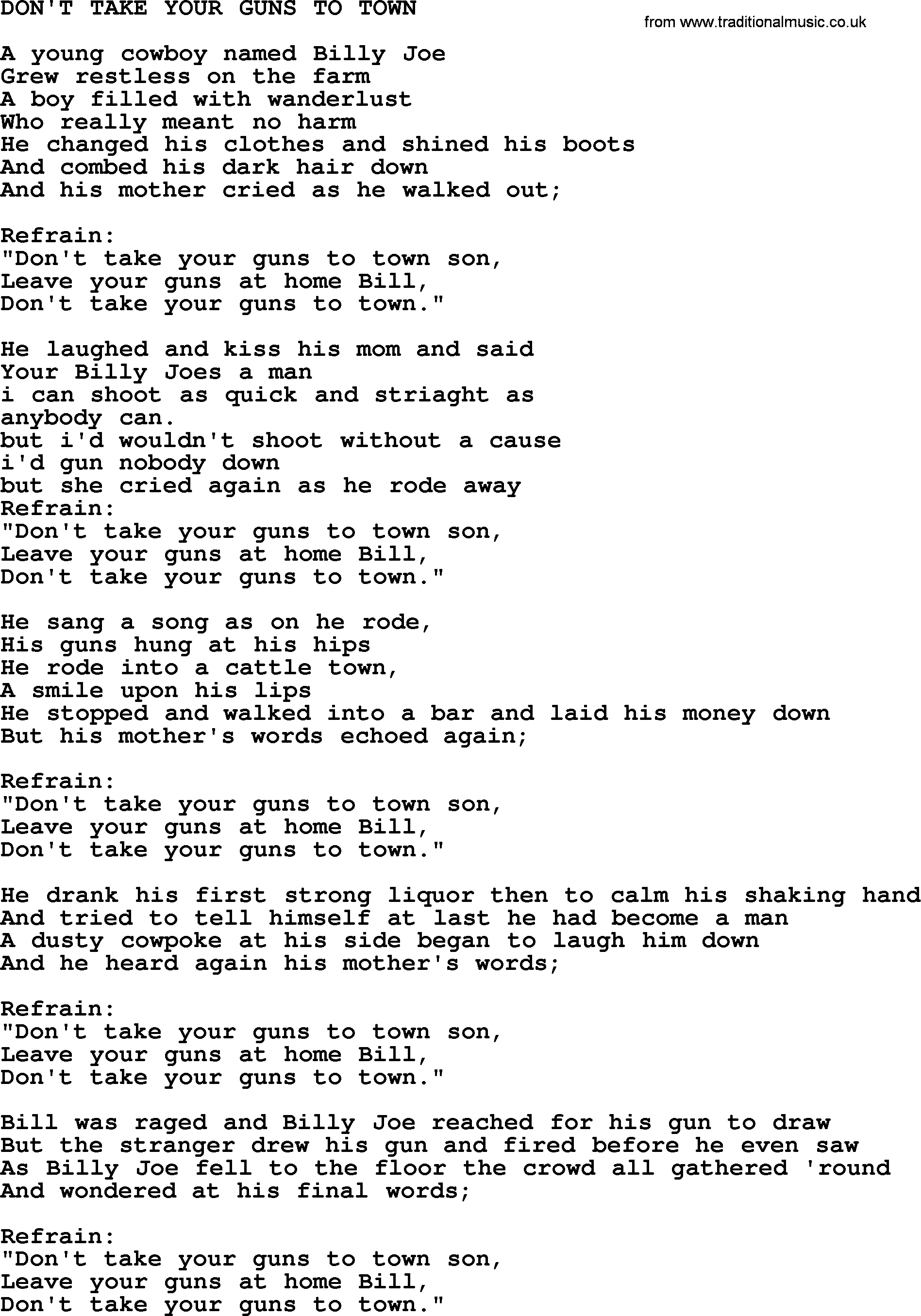 Johnny Cash song Don't Take Your Guns To Town.txt lyrics