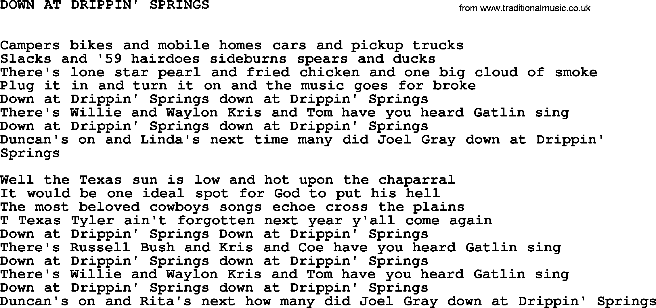 Johnny Cash song Down At Drippin' Springs.txt lyrics