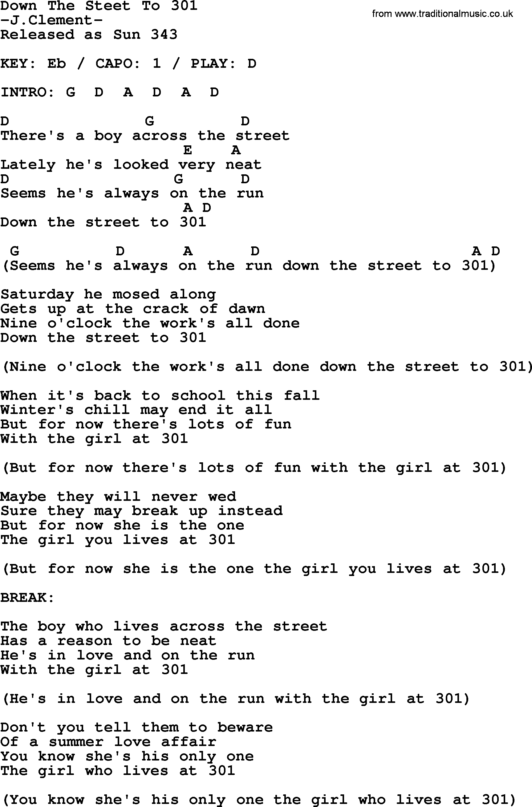 Johnny Cash song Down The Steet To 301, lyrics and chords