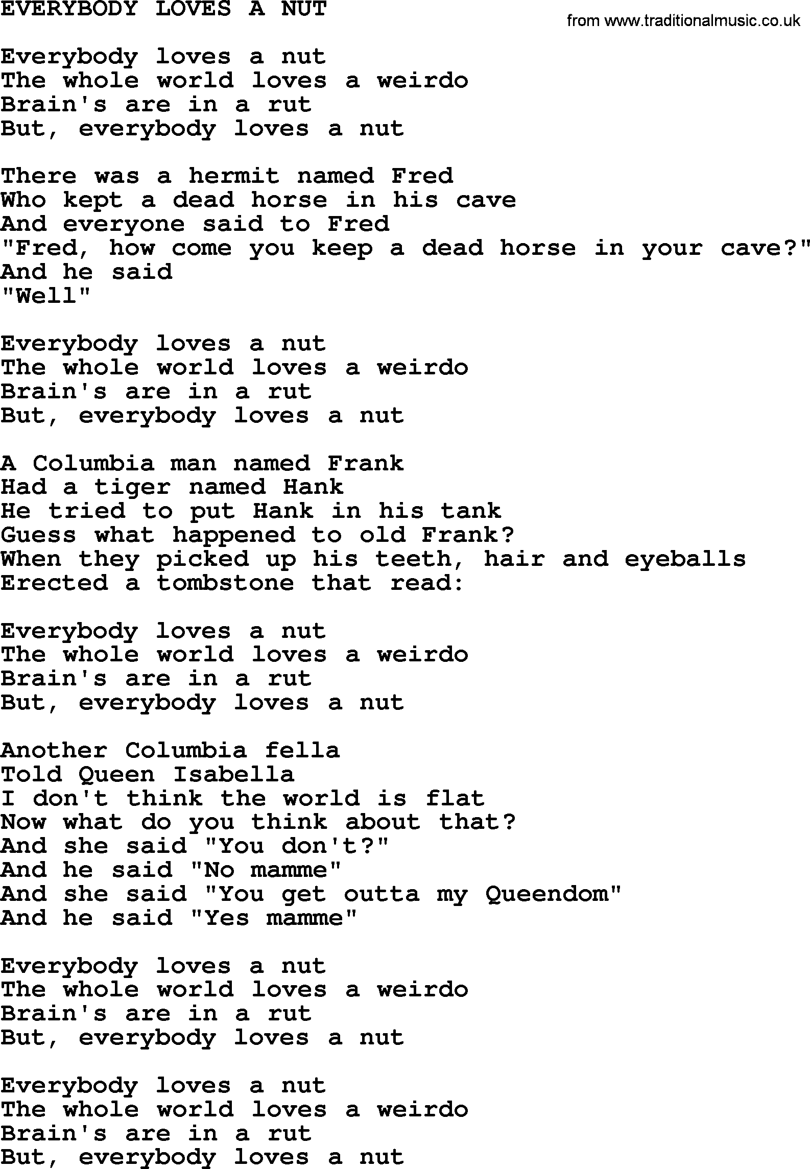 Johnny Cash song Everybody Loves A Nut.txt lyrics