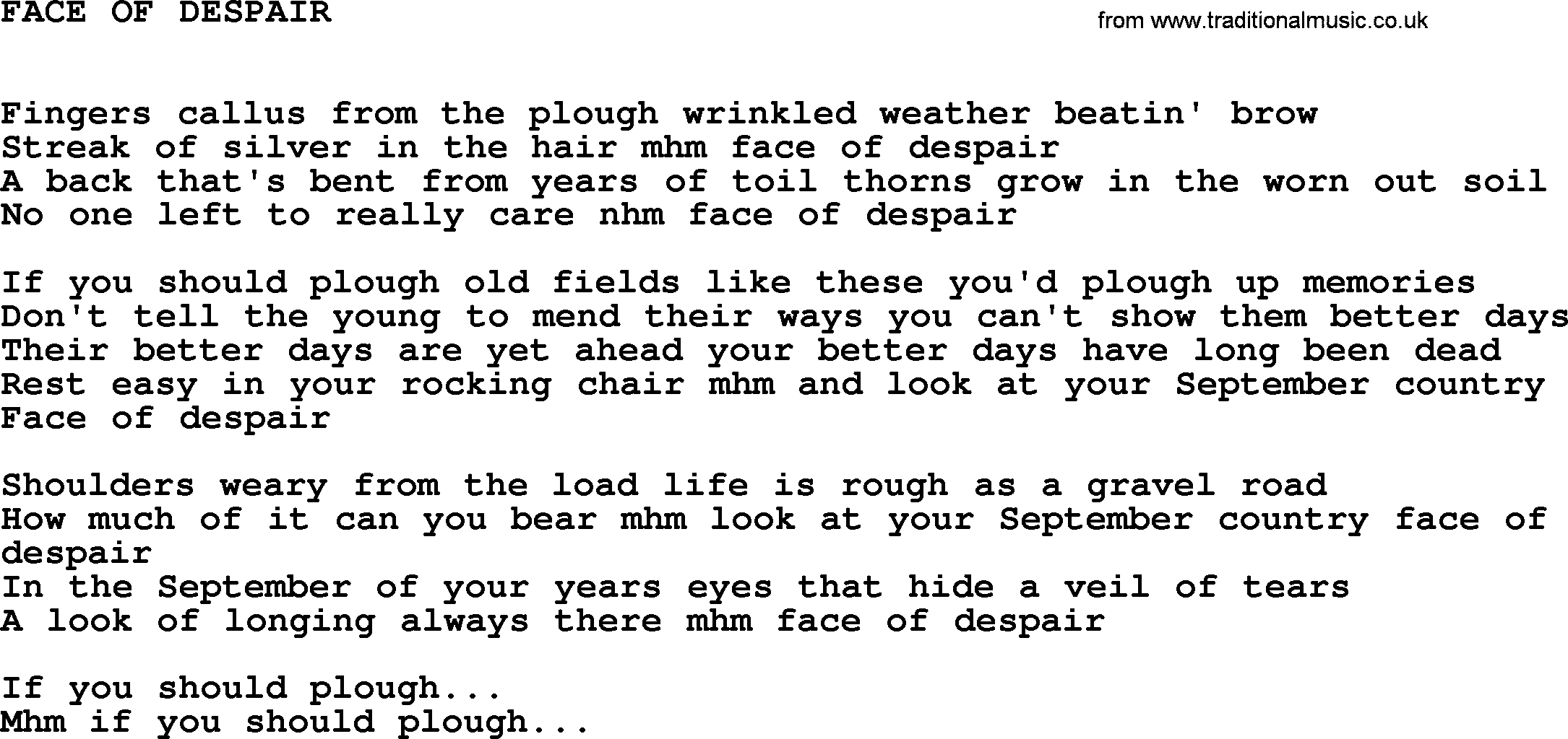 Johnny Cash song Face Of Despair.txt lyrics