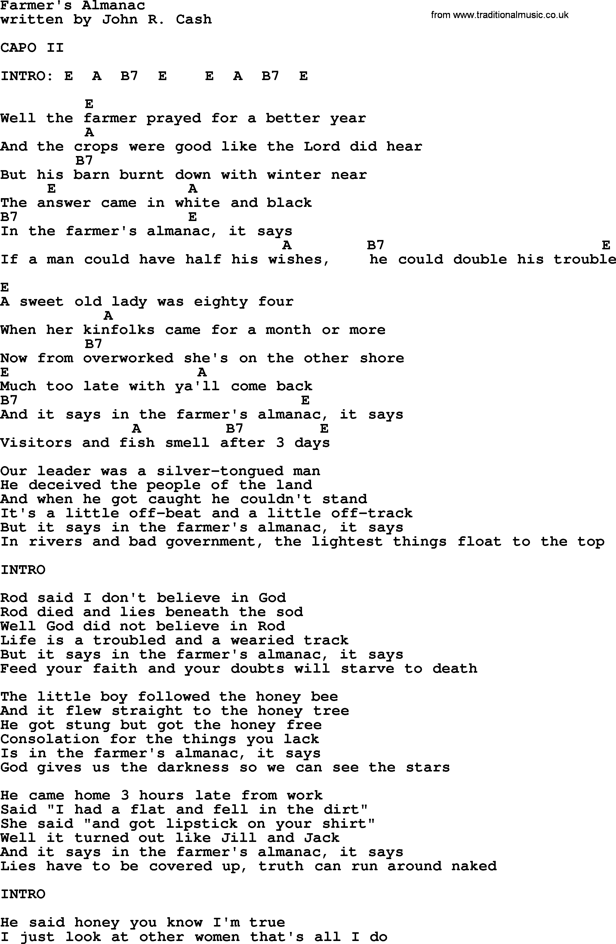 Johnny Cash song Farmer's Almanac, lyrics and chords