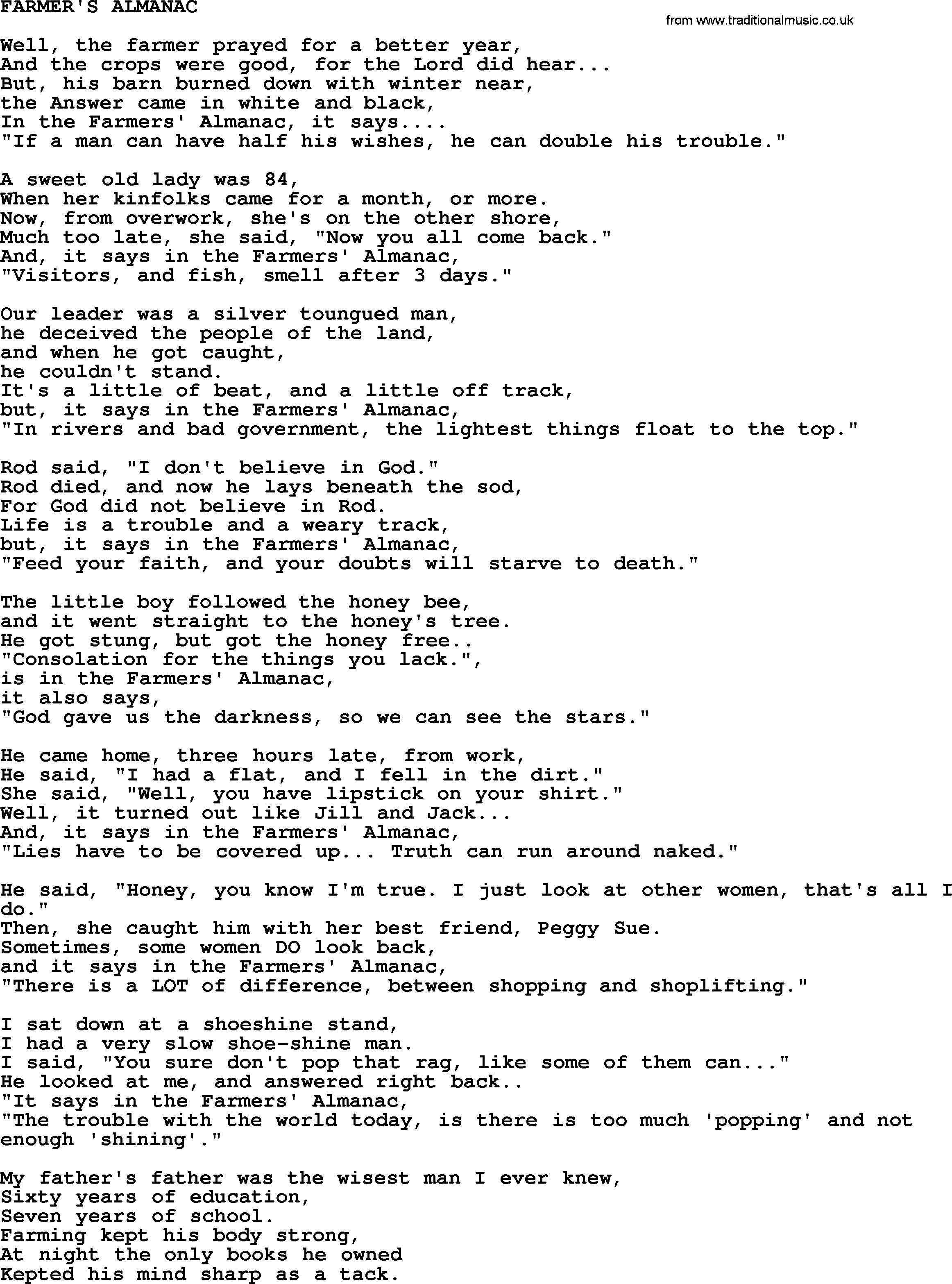 Johnny Cash song Farmer's Almanac.txt lyrics