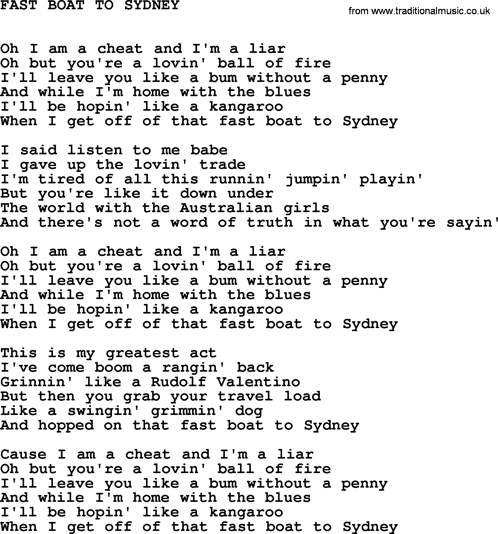 Johnny Cash song Fast Boat To Sydney.txt lyrics