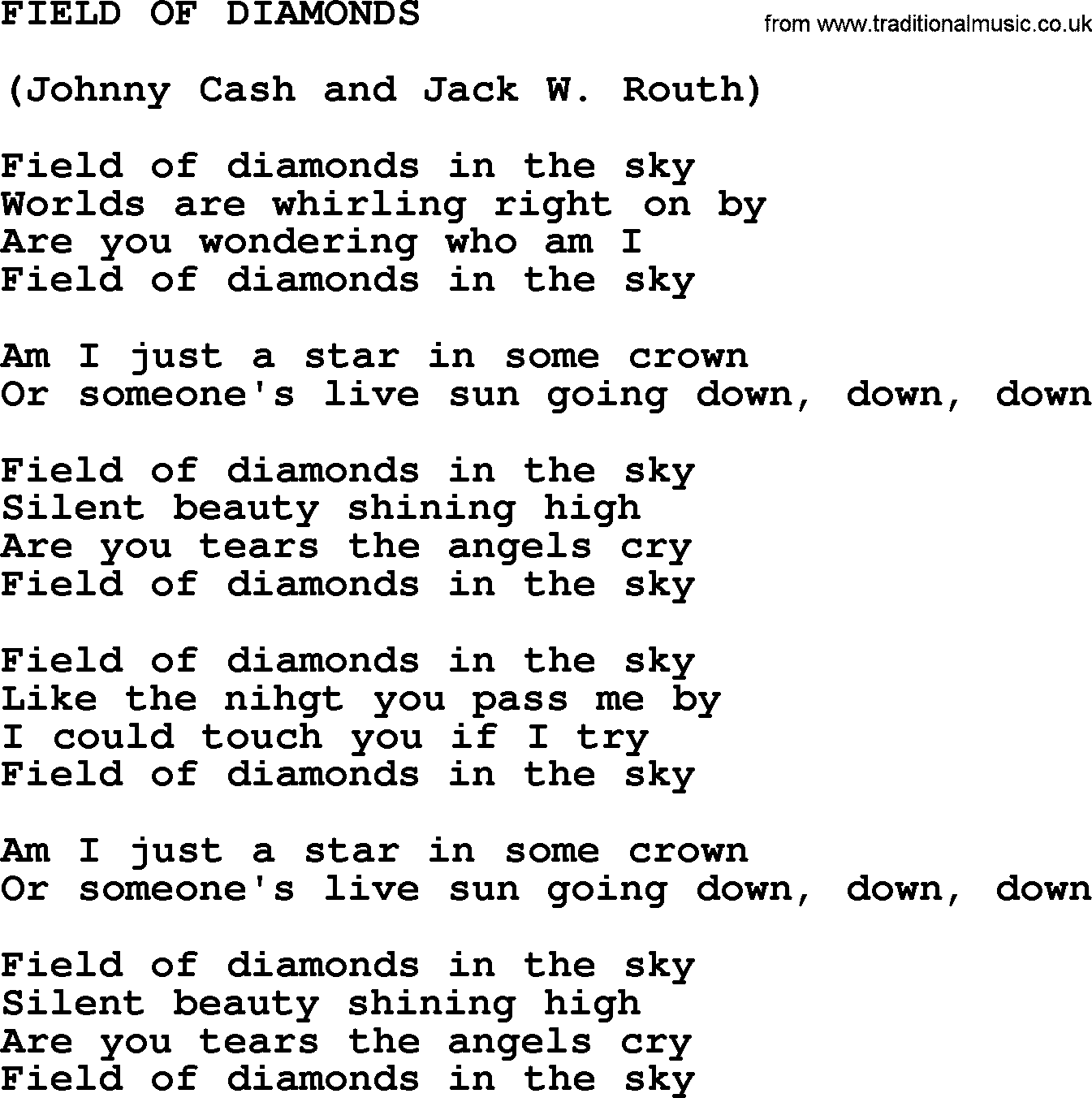 Johnny Cash song Field Of Diamonds.txt lyrics