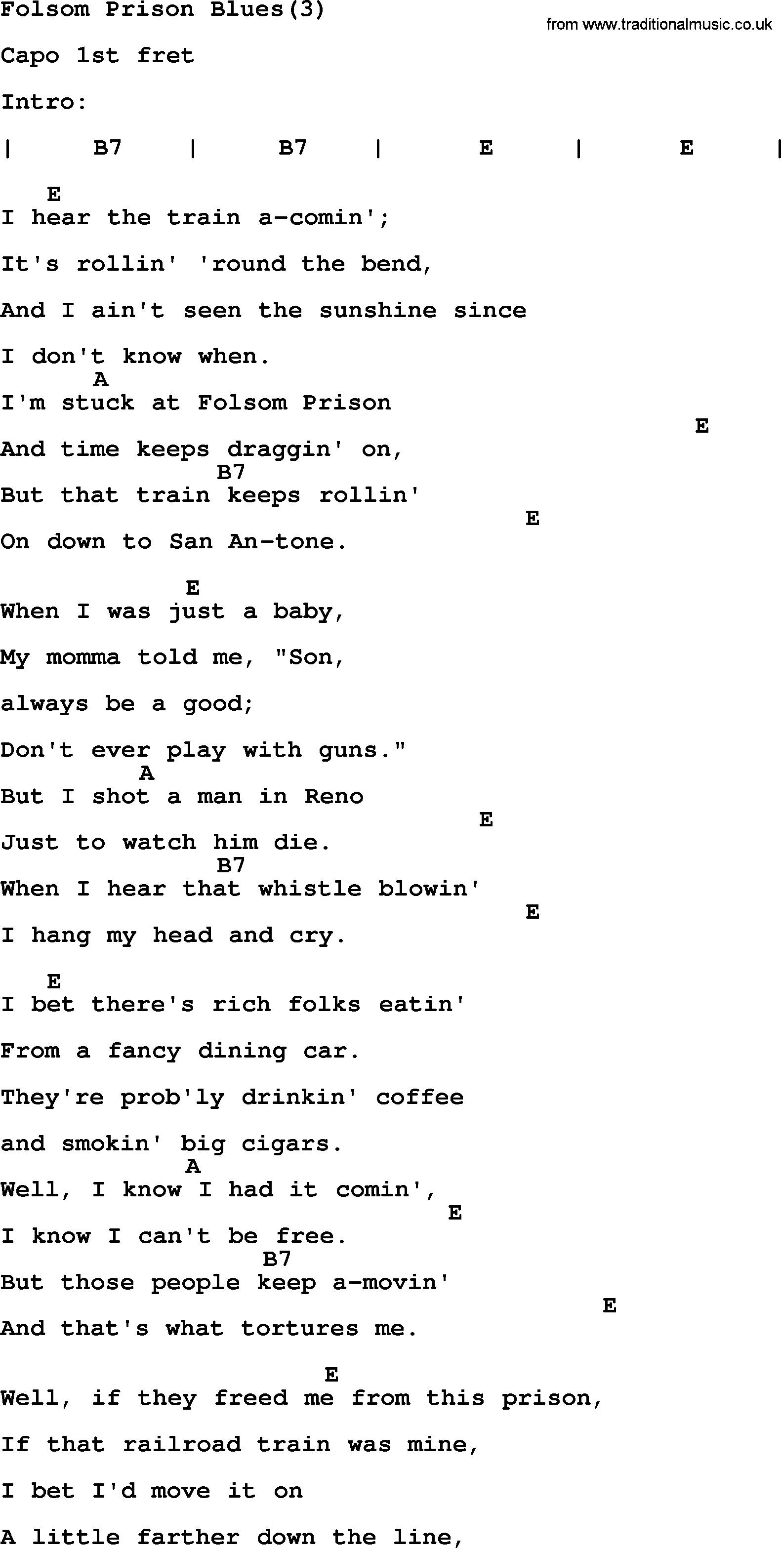 Johnny Cash song Folsom Prison Blues(3), lyrics and chords