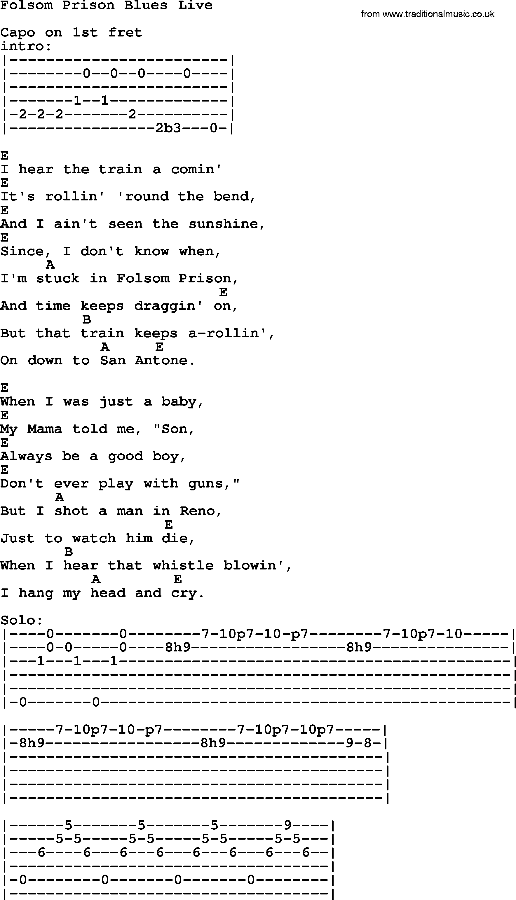 Johnny Cash song Folsom Prison Blues Live, lyrics and chords