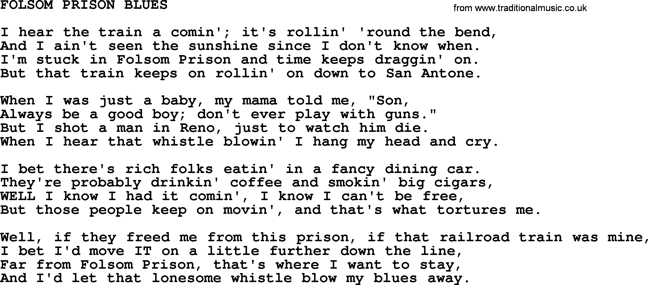 Johnny Cash song Folsom Prison Blues.txt lyrics