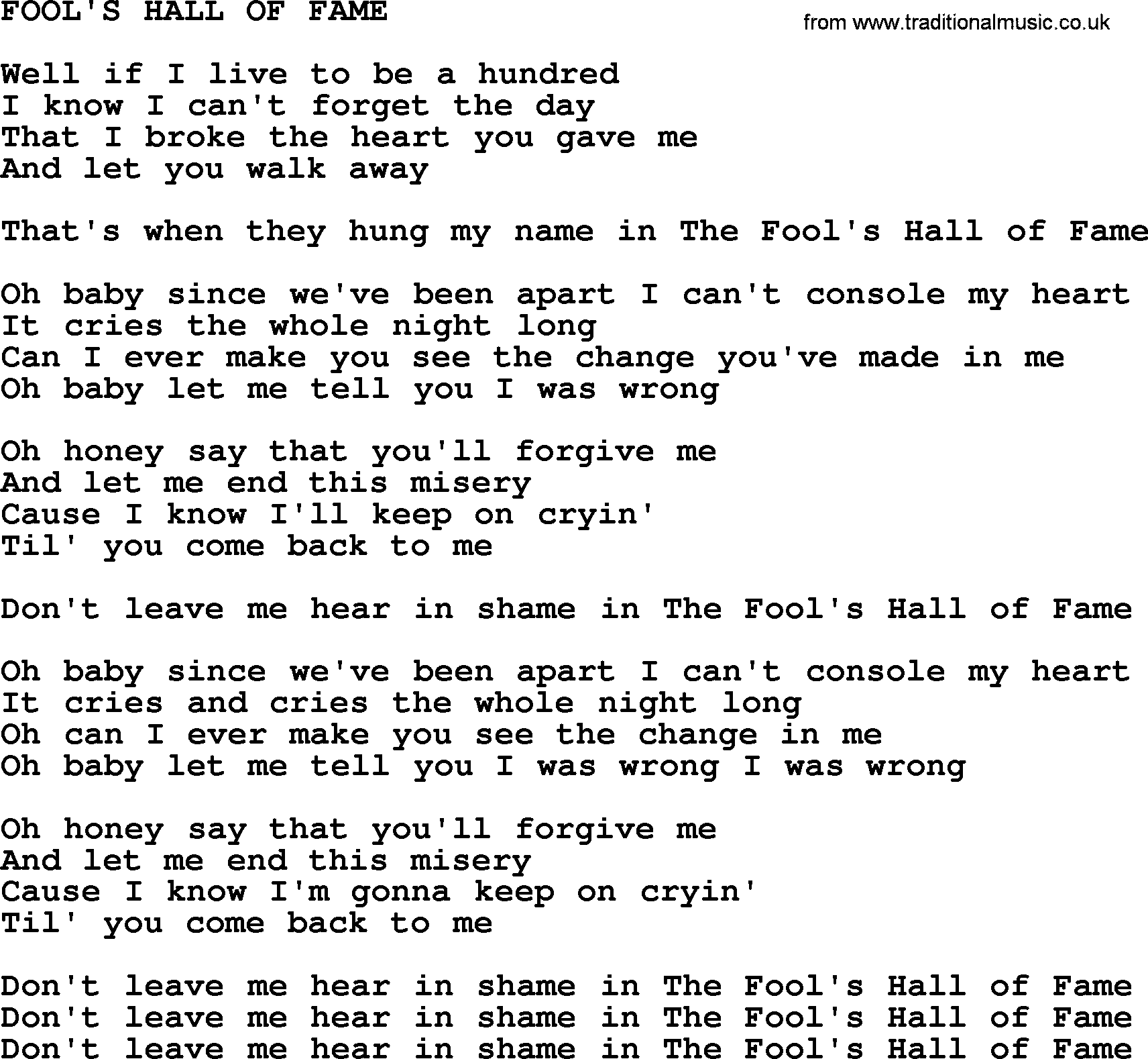 Johnny Cash song Fool's Hall Of Fame.txt lyrics