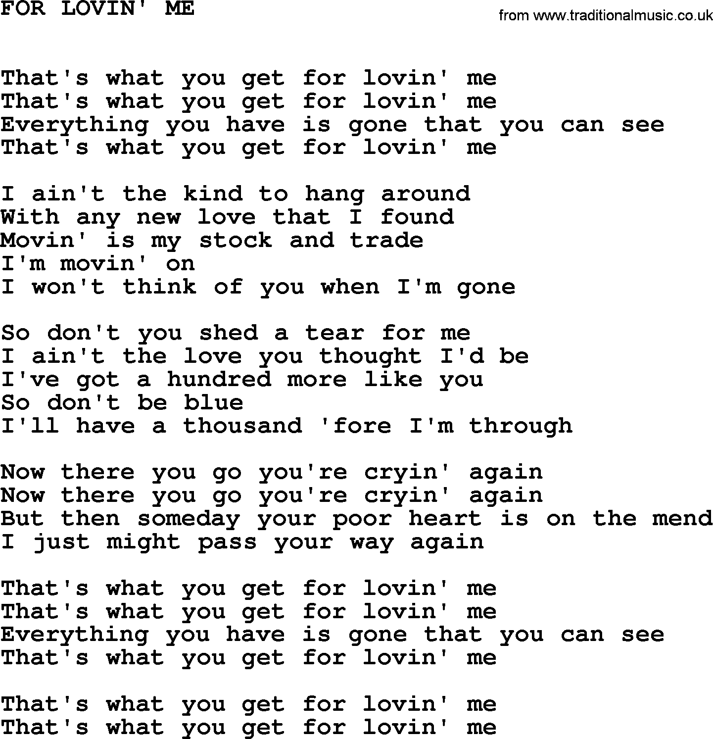 Johnny Cash song For Lovin' Me.txt lyrics