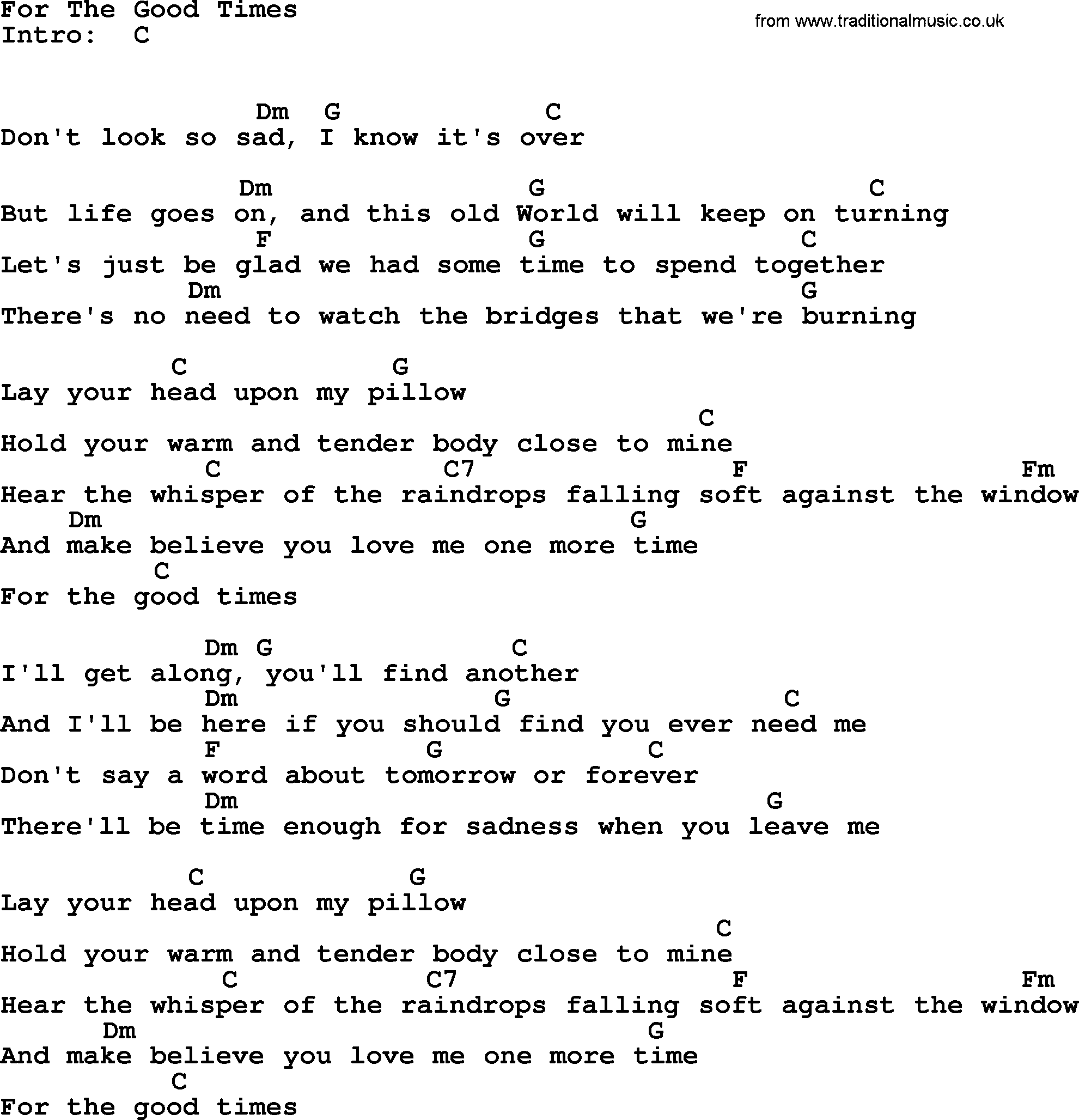Johnny Cash song For The Good Times, lyrics and chords