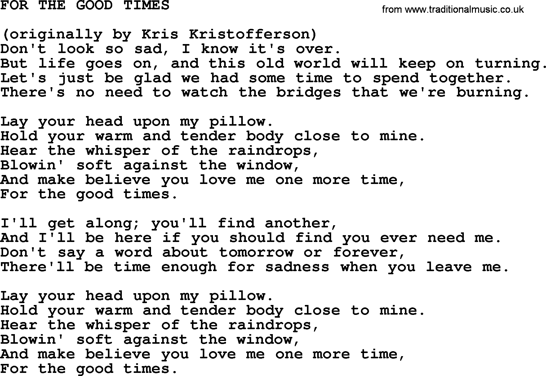 Johnny Cash song For The Good Times.txt lyrics