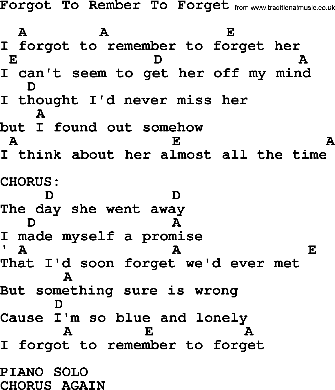 Johnny Cash song Forgot To Rember To Forget, lyrics and chords