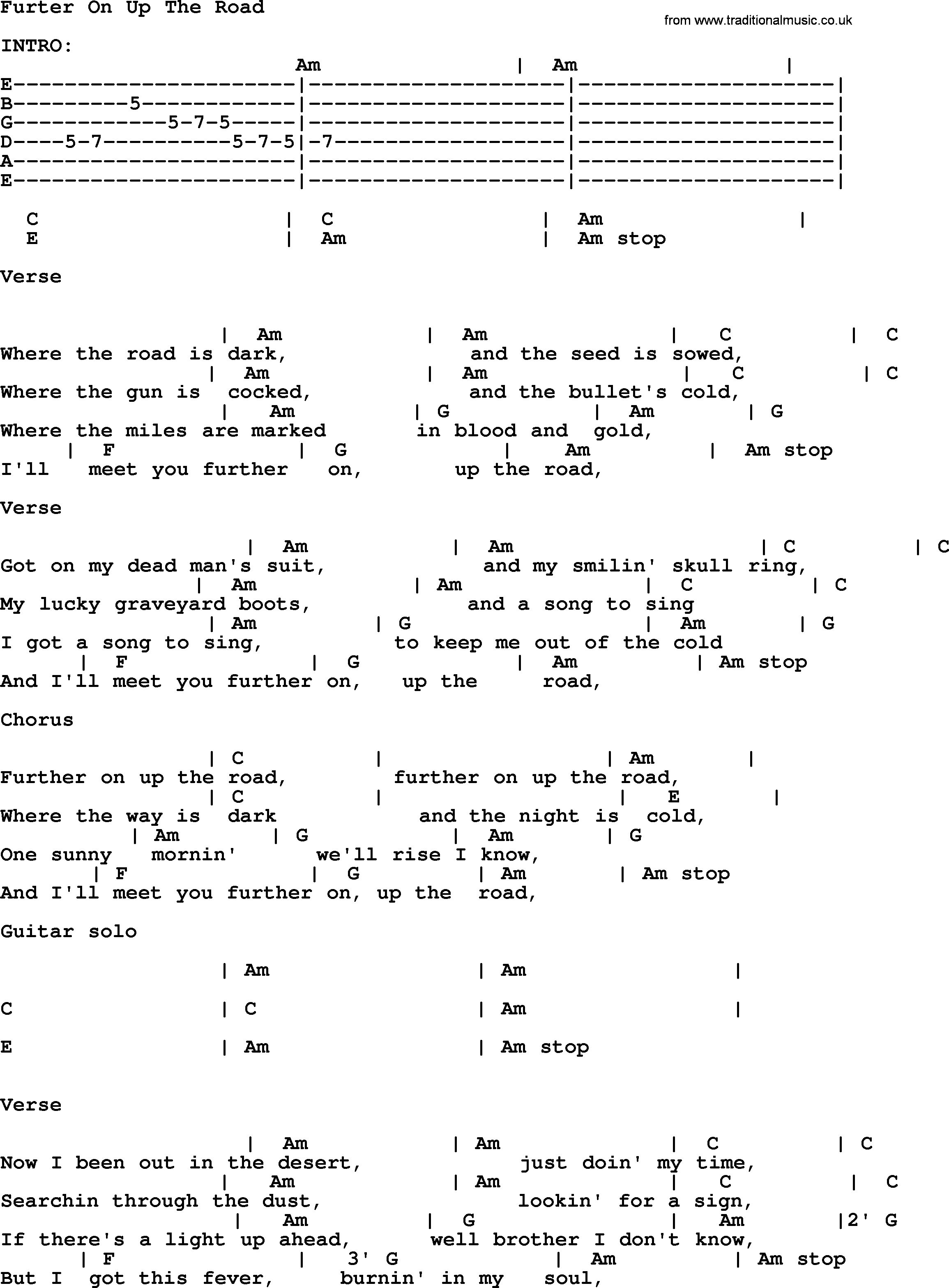 Johnny Cash song Further On Up The Road(2), lyrics and chords