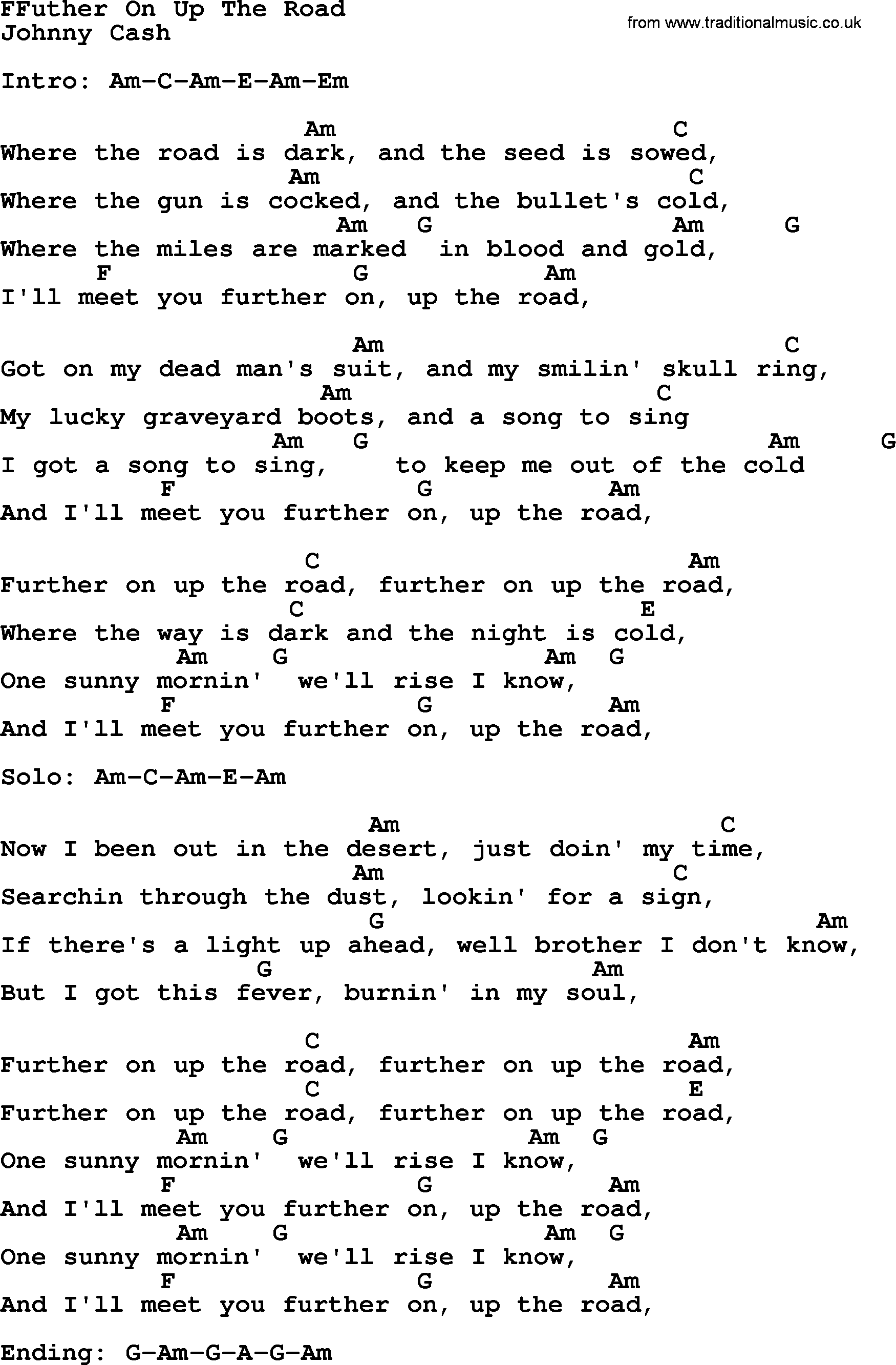 Johnny Cash song Futher On Up The Road(3), lyrics and chords
