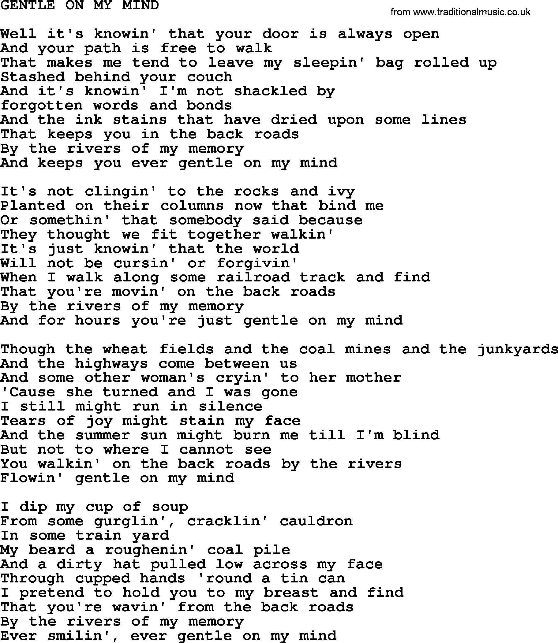 Johnny Cash song Gentle On My Mind.txt lyrics