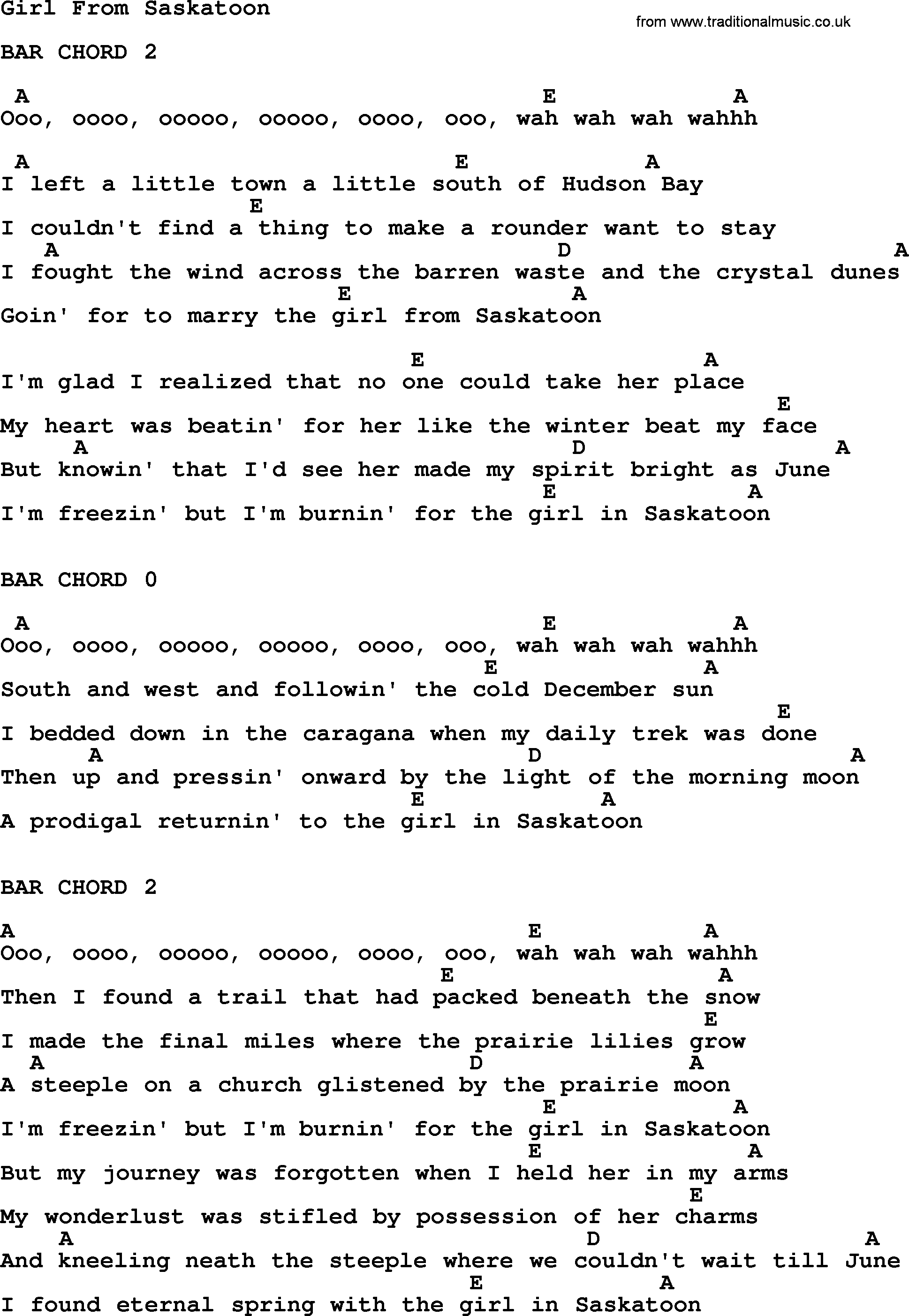 Johnny Cash song Girl From Saskatoon, lyrics and chords