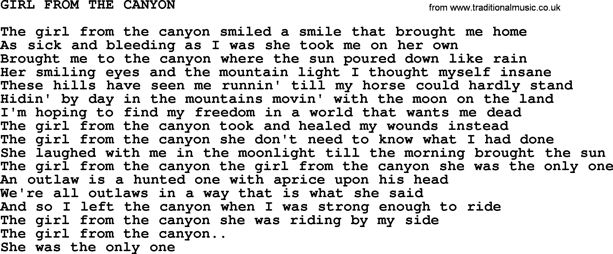 Johnny Cash song Girl From The Canyon.txt lyrics