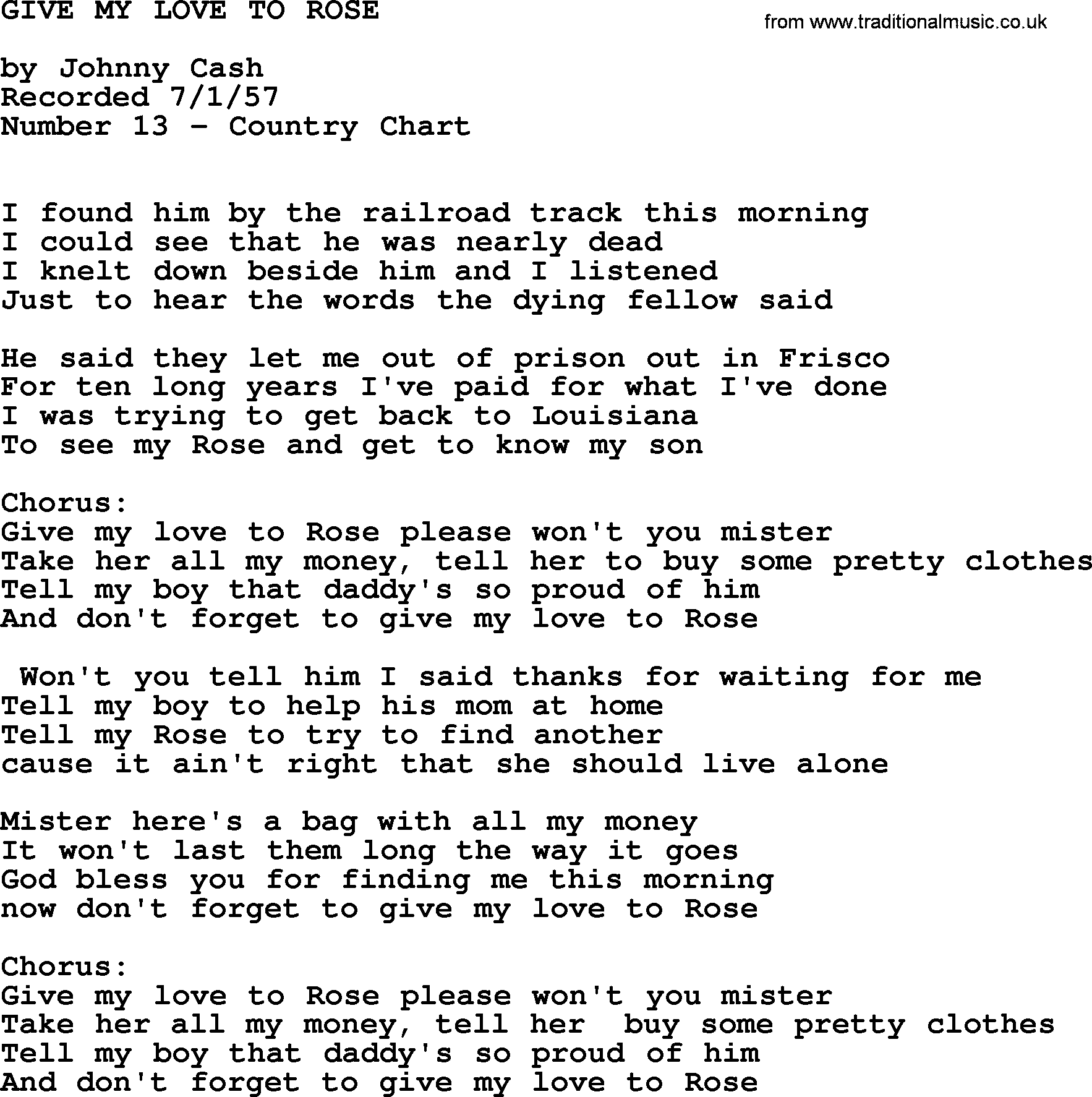 Johnny Cash song Give My Love To Rose.txt lyrics