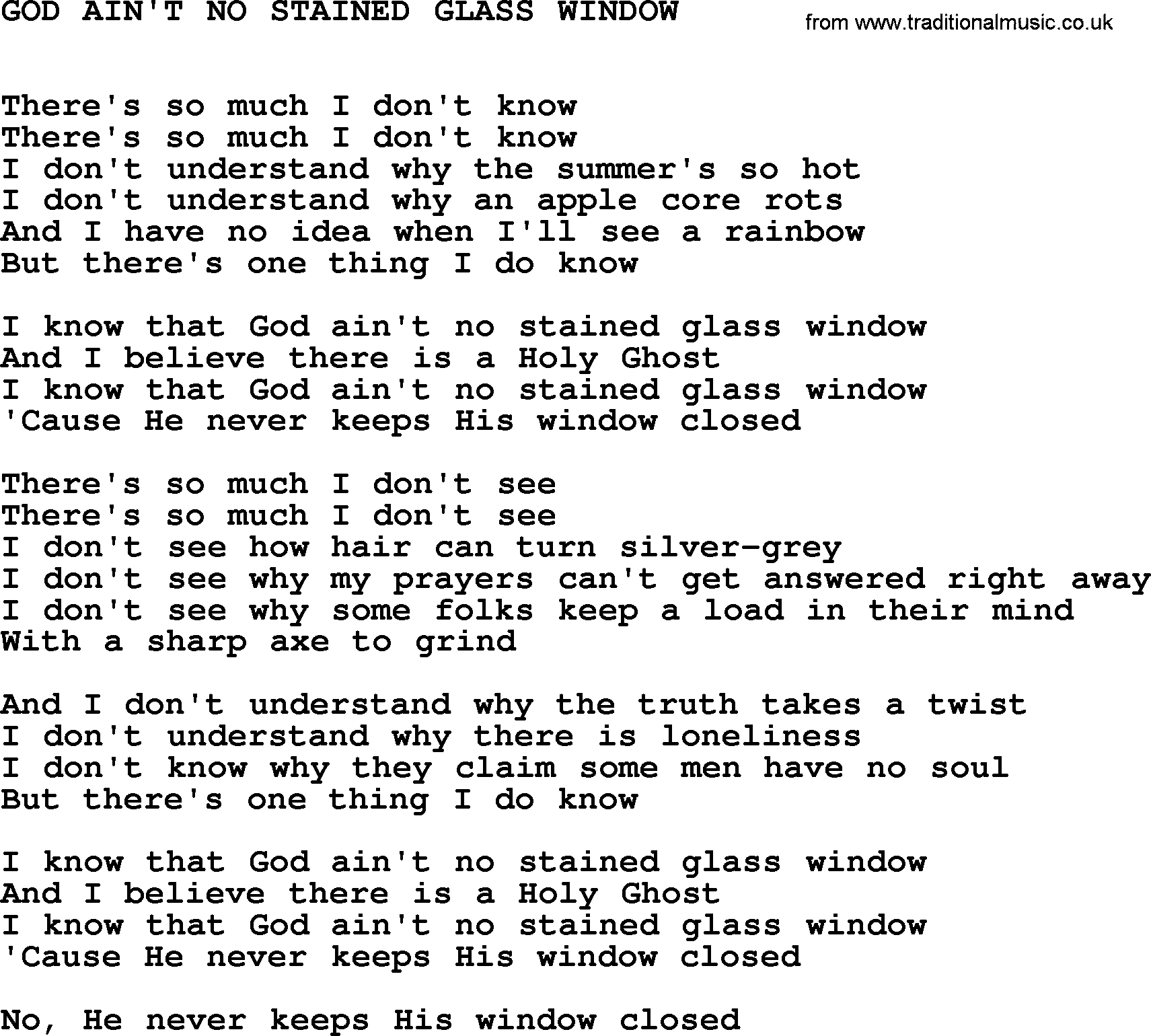Johnny Cash song God Ain't No Stained Glass Window.txt lyrics
