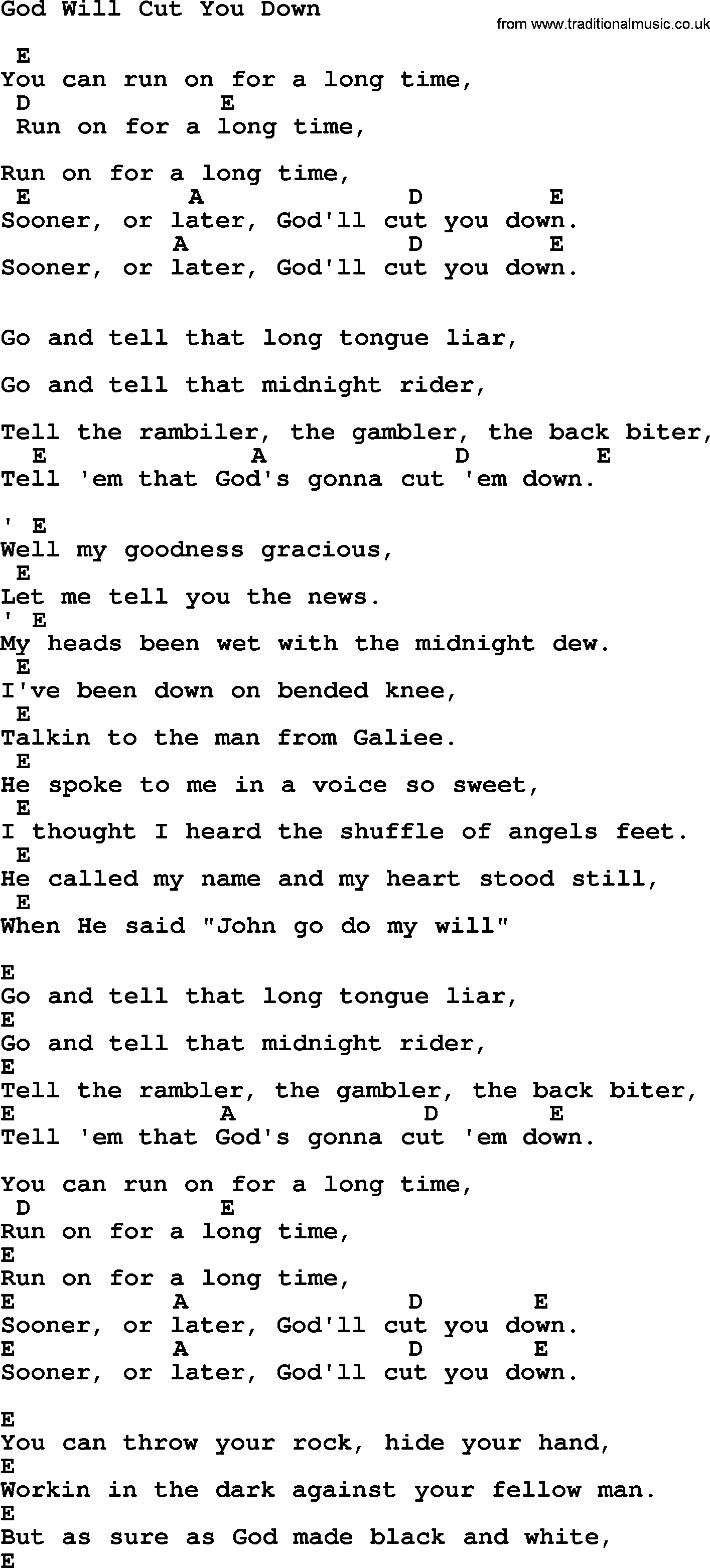 Johnny Cash song God Will Cut You Down, lyrics and chords