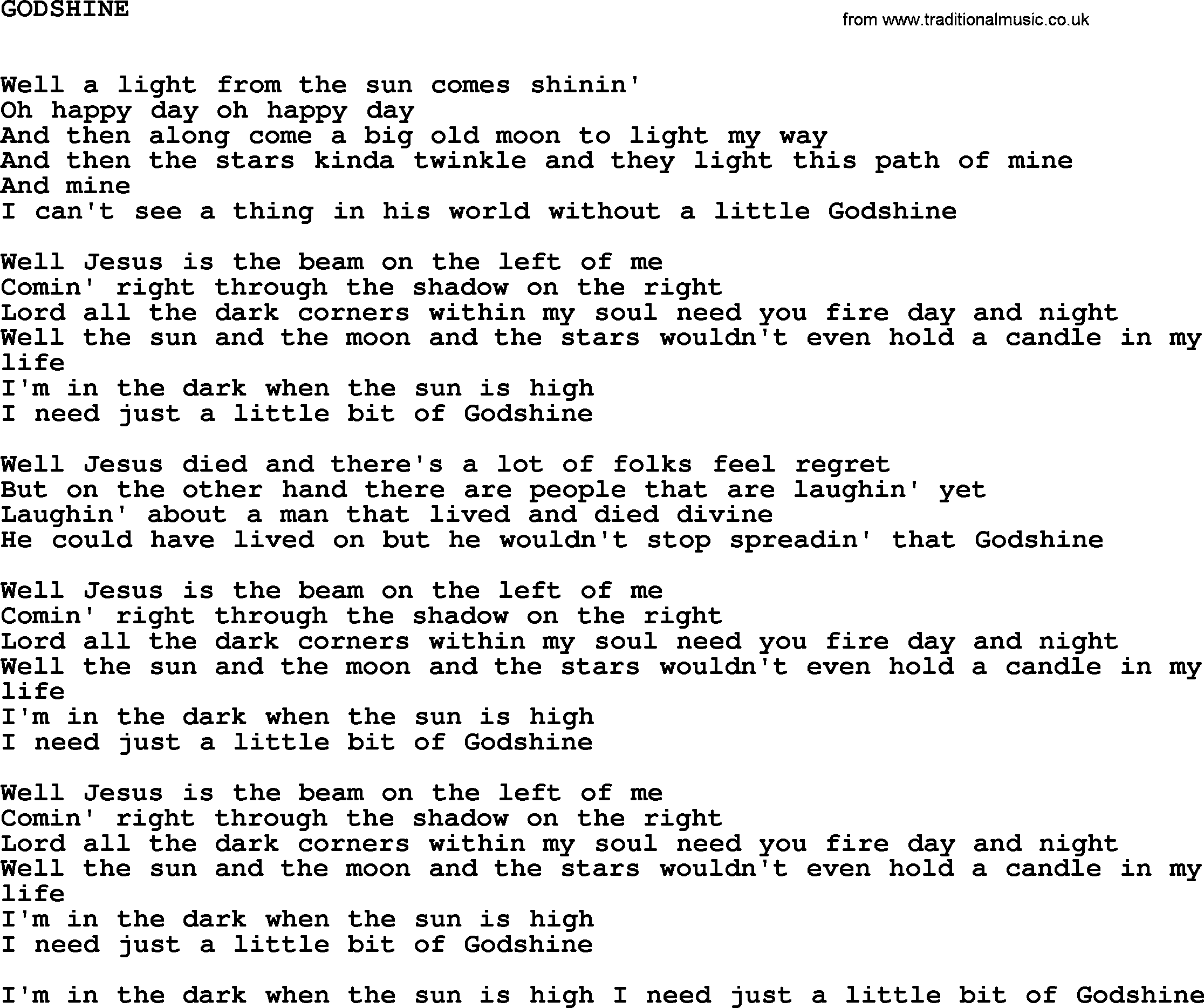 Johnny Cash song Godshine.txt lyrics