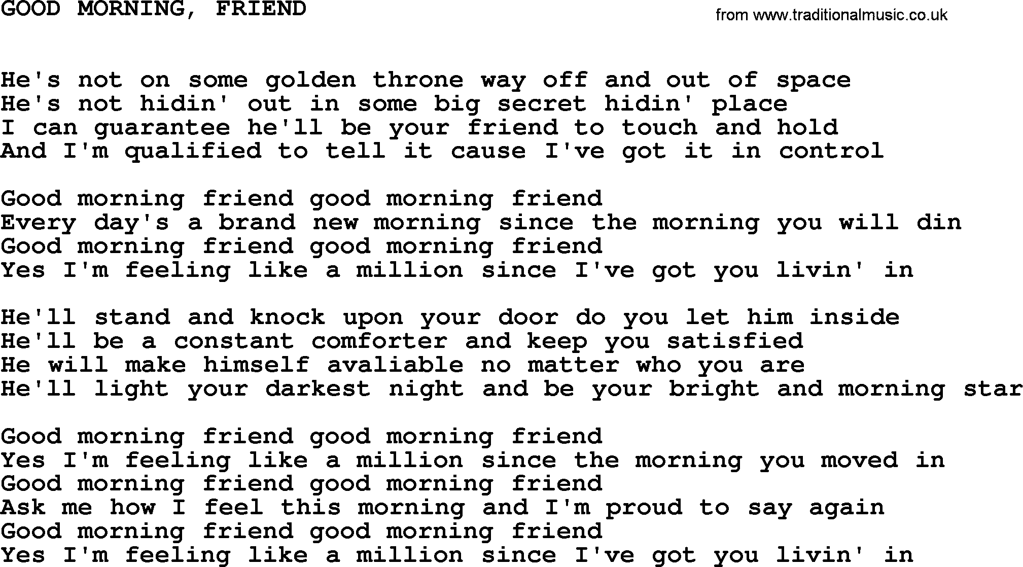 Johnny Cash song Good Morning, Friend.txt lyrics