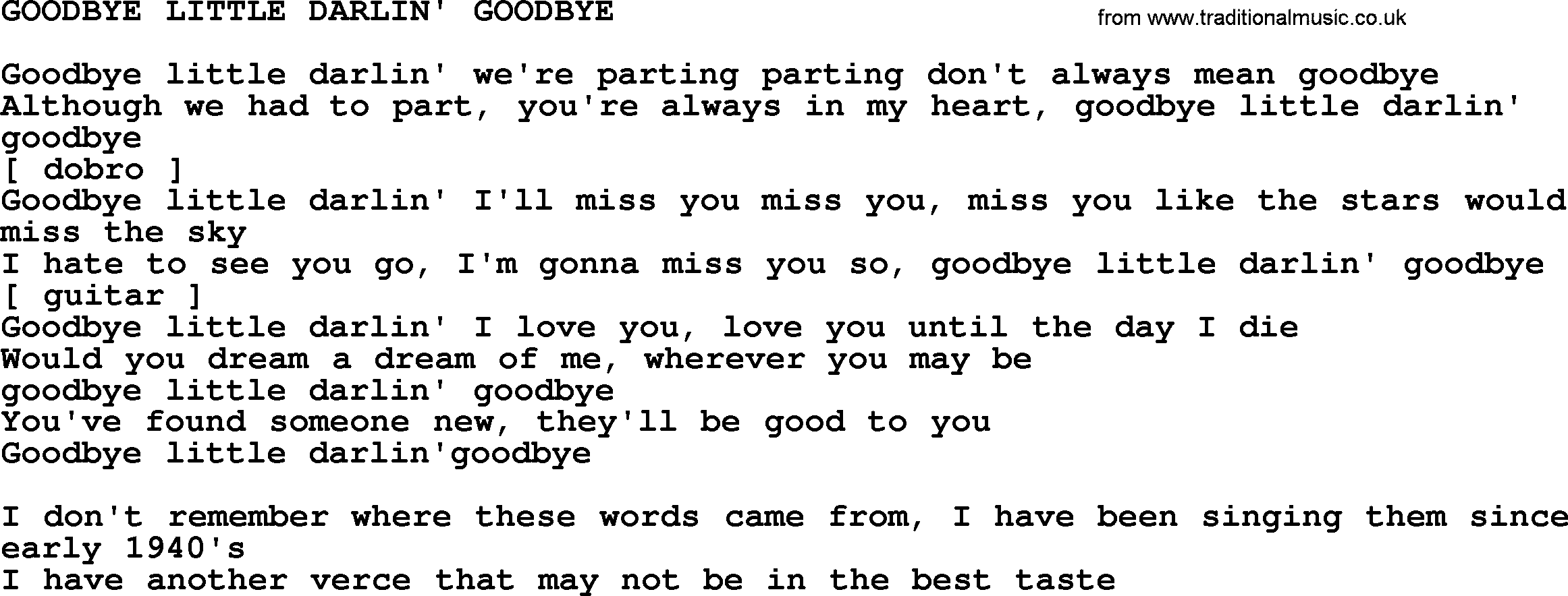Johnny Cash song Goodbye Little Darlin' Goodbye.txt lyrics