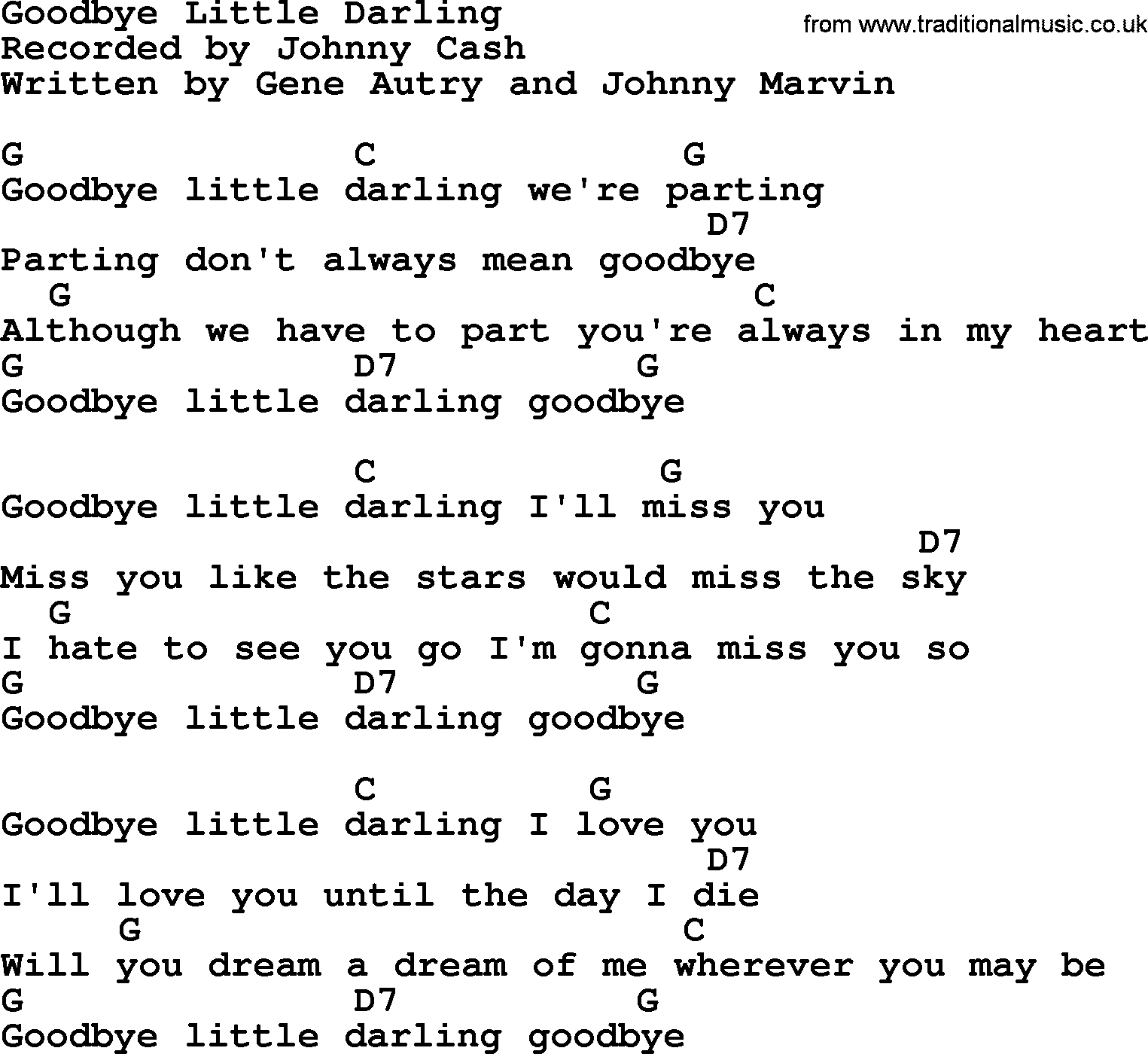 Johnny Cash song Goodbye Little Darling, lyrics and chords