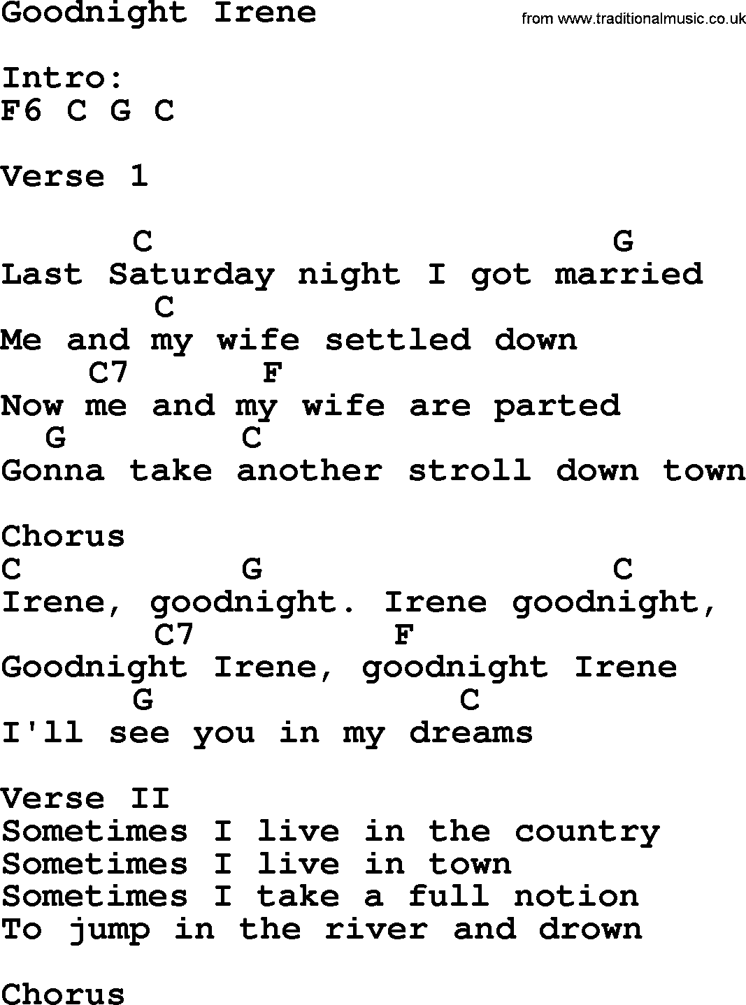 Johnny Cash song Goodnight Irene, lyrics and chords