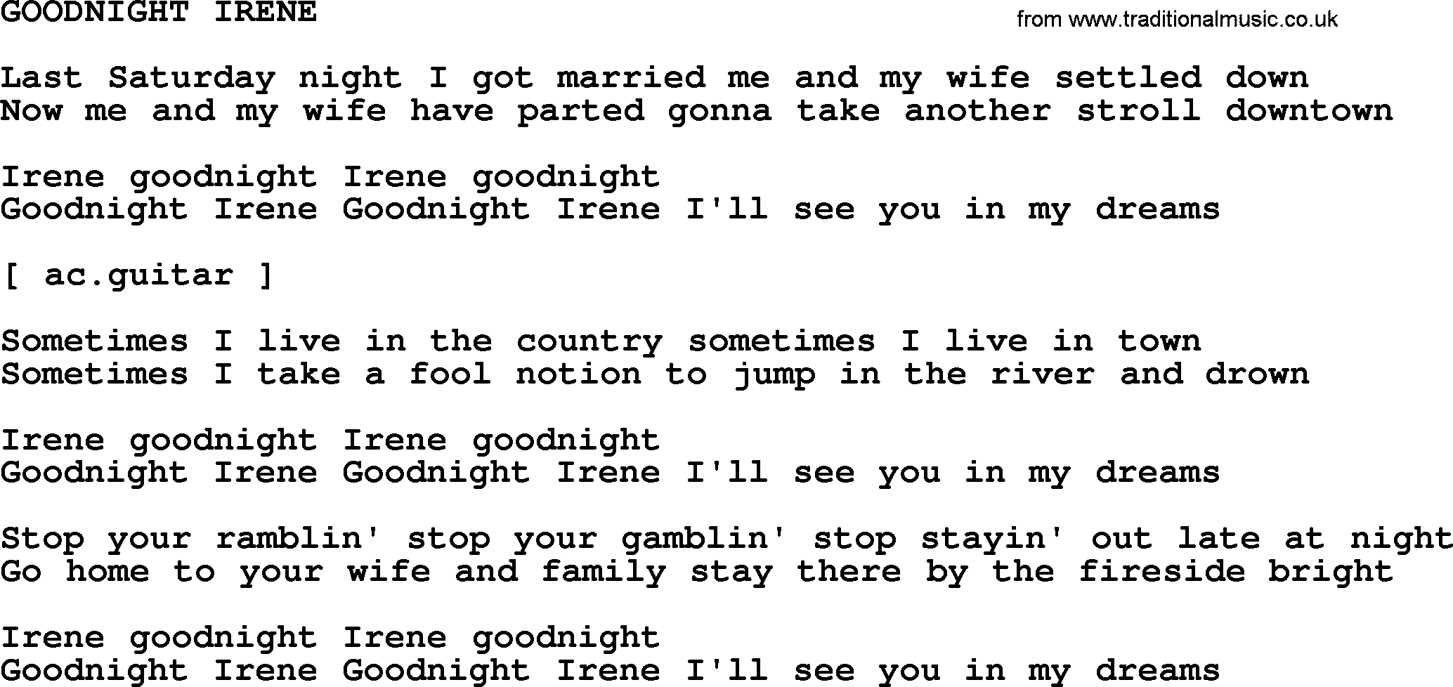 Johnny Cash song Goodnight Irene.txt lyrics
