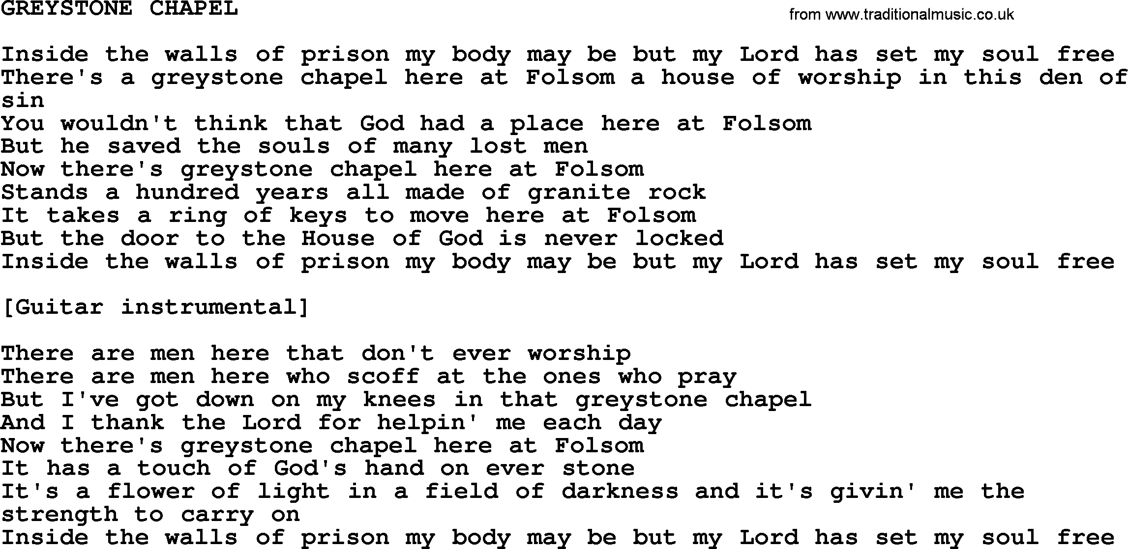 Johnny Cash song Greystone Chapel.txt lyrics