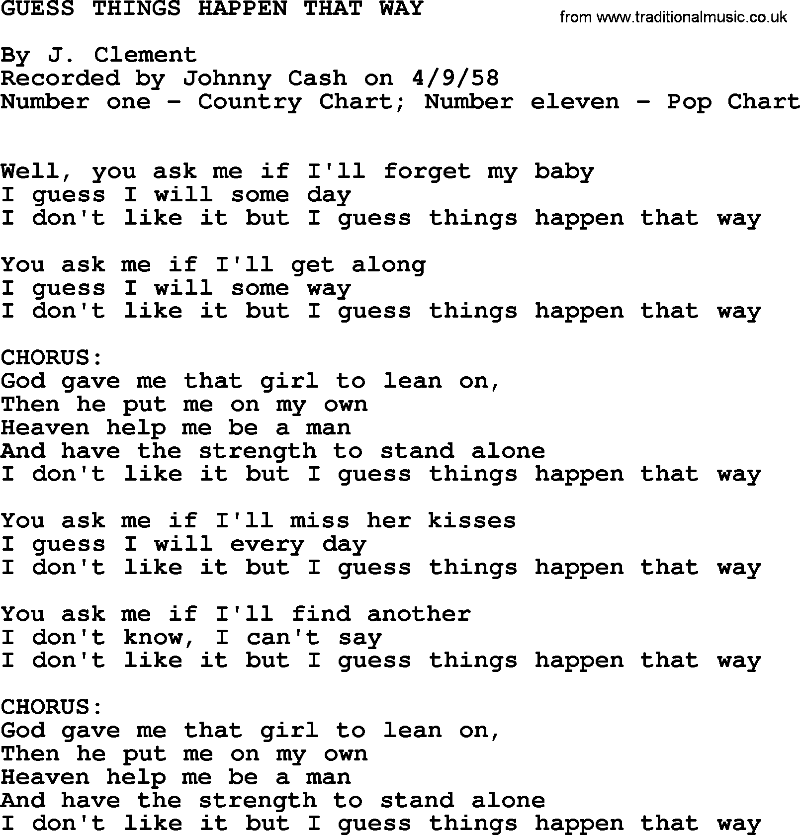 Johnny Cash song Guess Things Happen That Way.txt lyrics