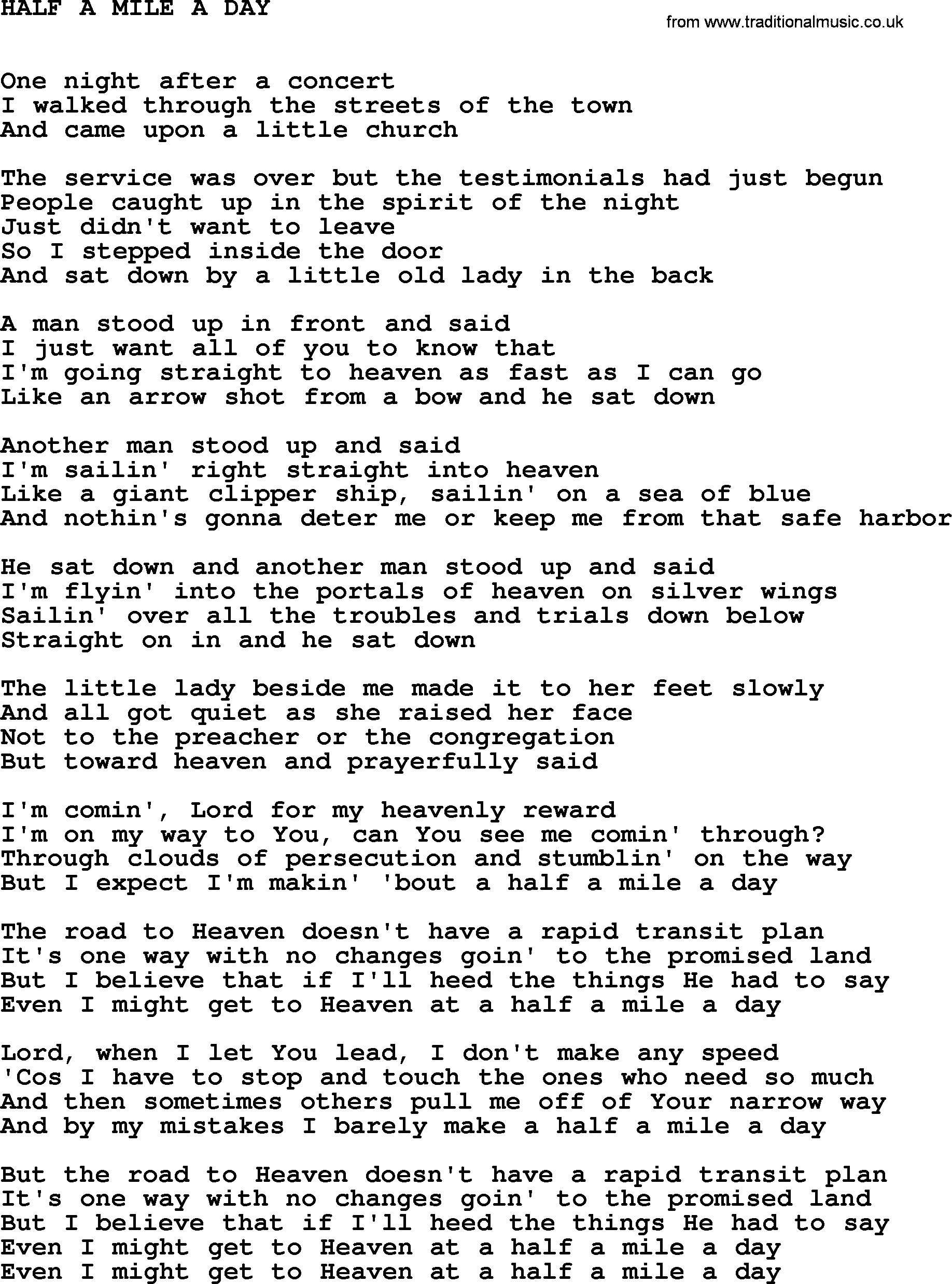 Johnny Cash song Half A Mile A Day.txt lyrics