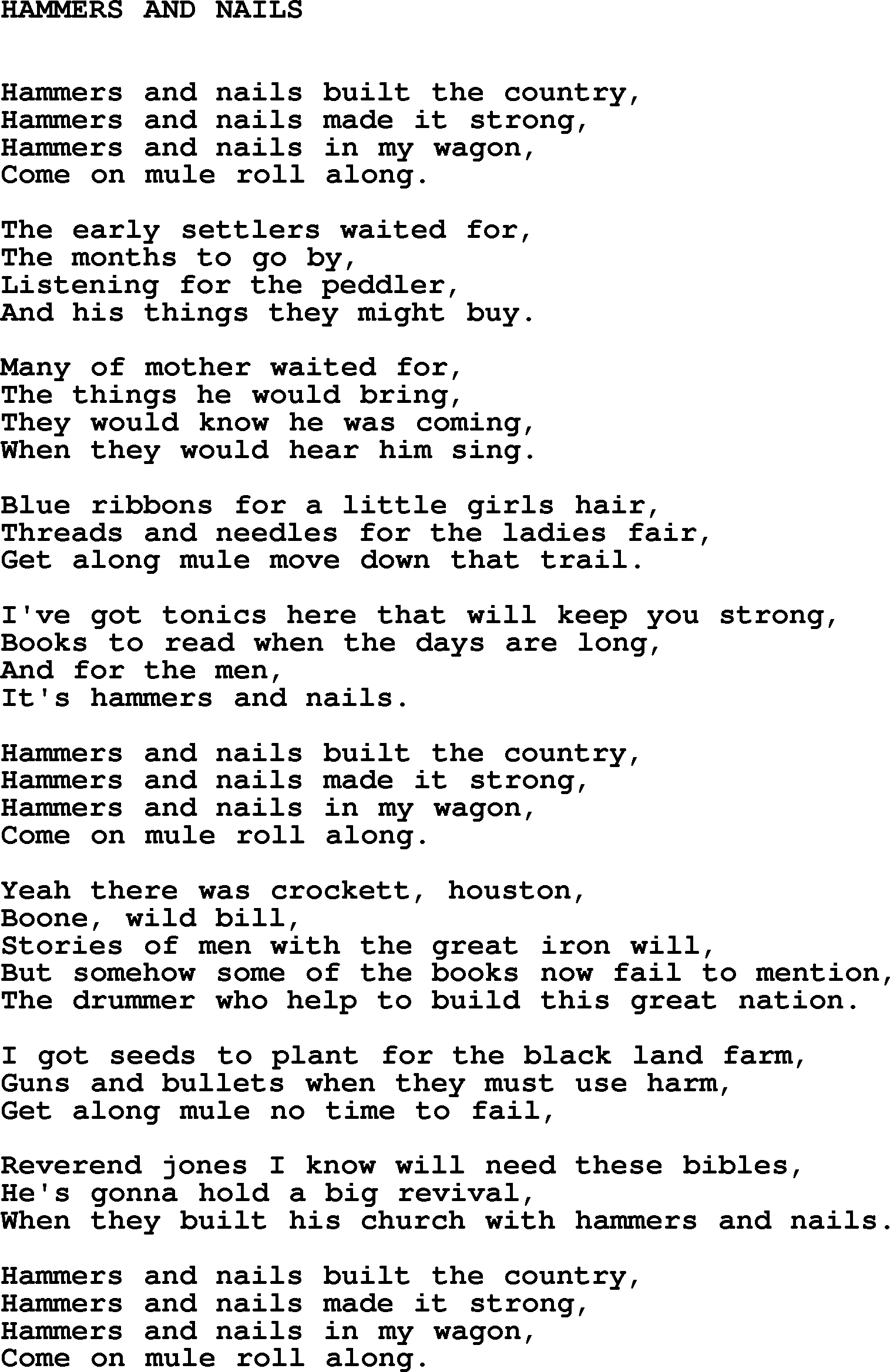 Johnny Cash song Hammers And Nails.txt lyrics