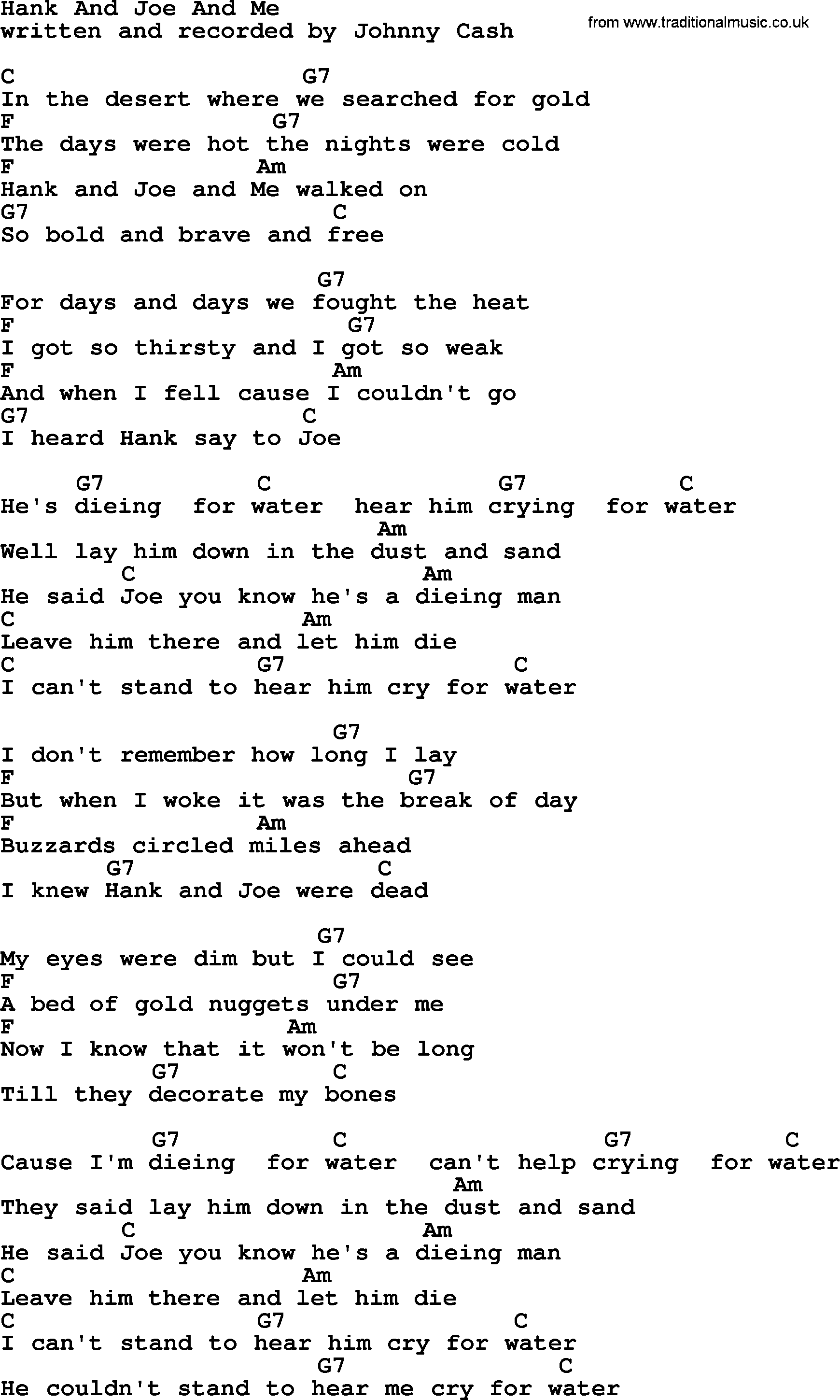 Johnny Cash song Hank And Joe And Me, lyrics and chords