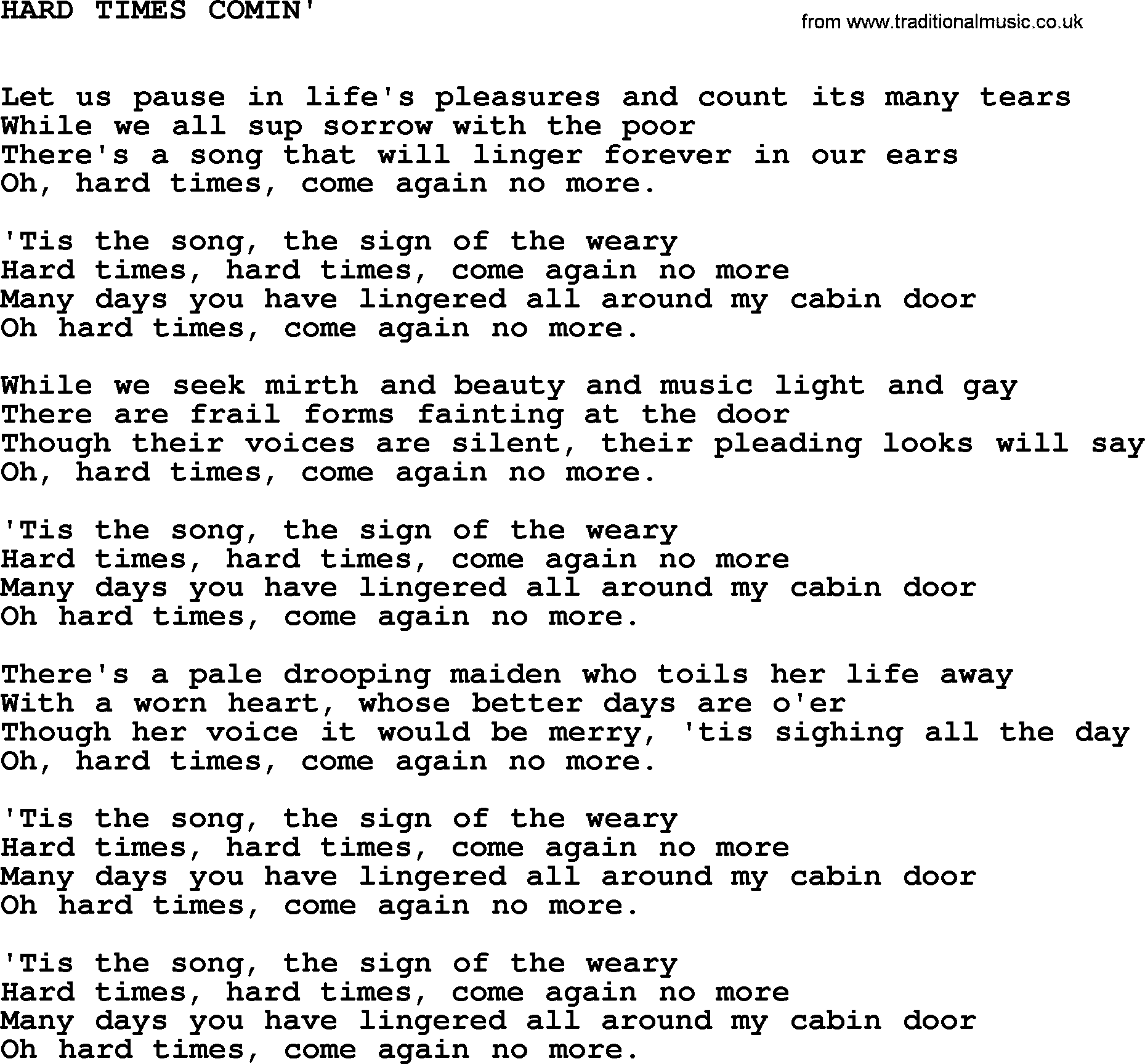 Johnny Cash song Hard Times Comin'.txt lyrics