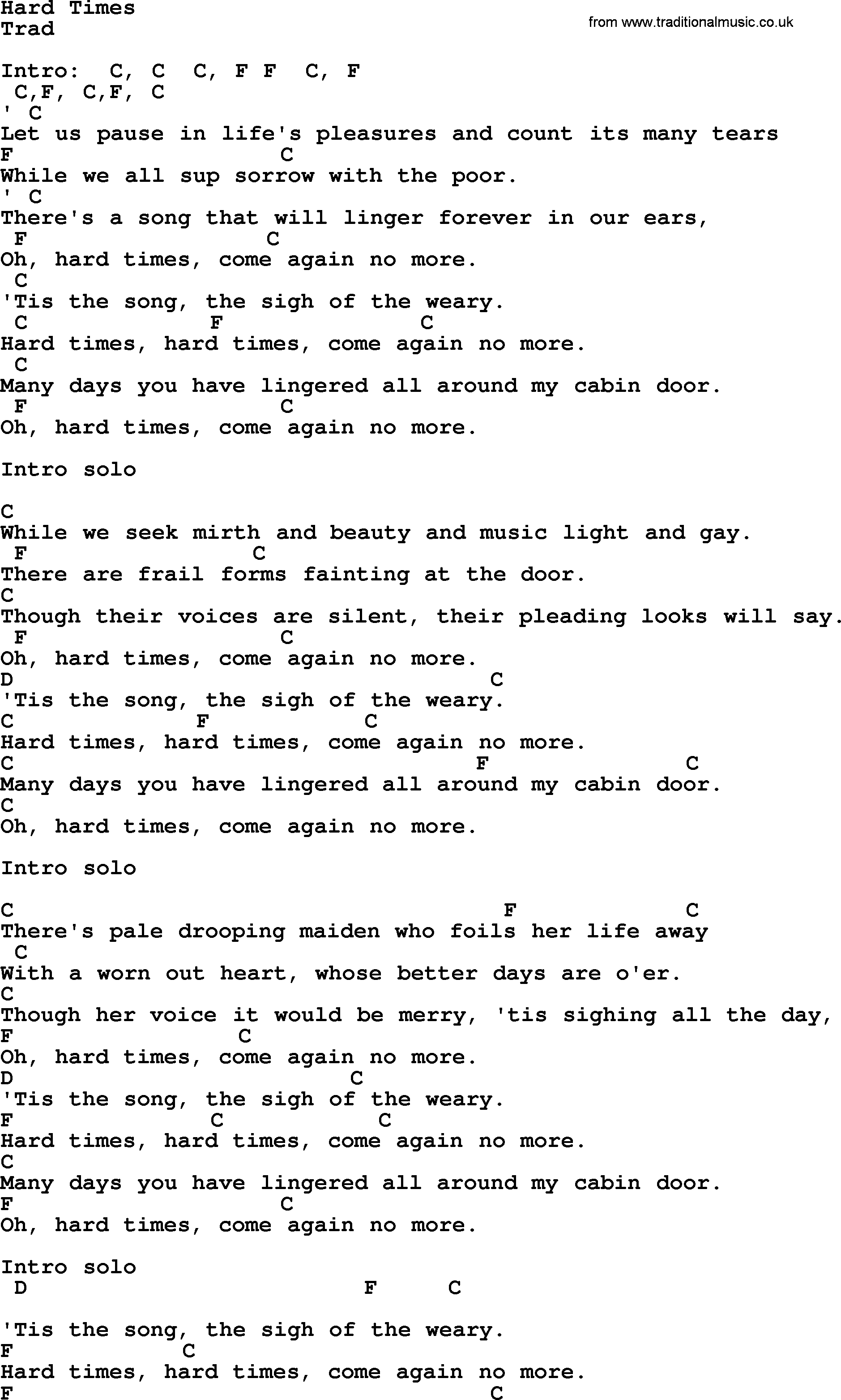 Johnny Cash song Hard Times, lyrics and chords