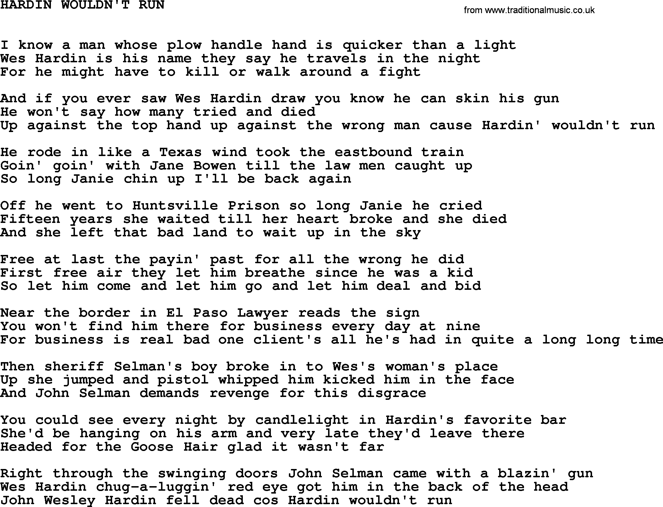 Johnny Cash song Hardin Wouldn't Run.txt lyrics