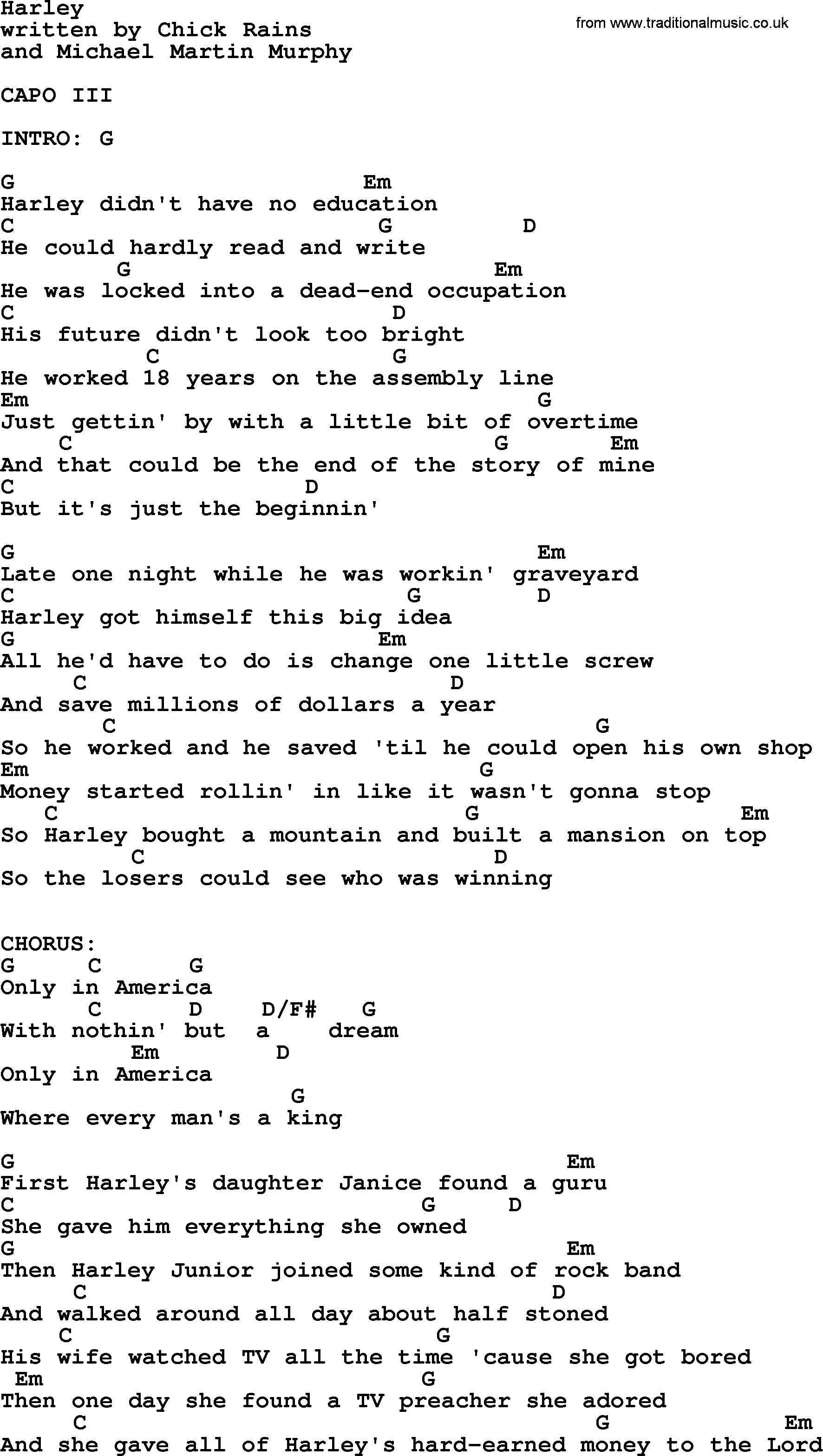 Johnny Cash song Harley, lyrics and chords