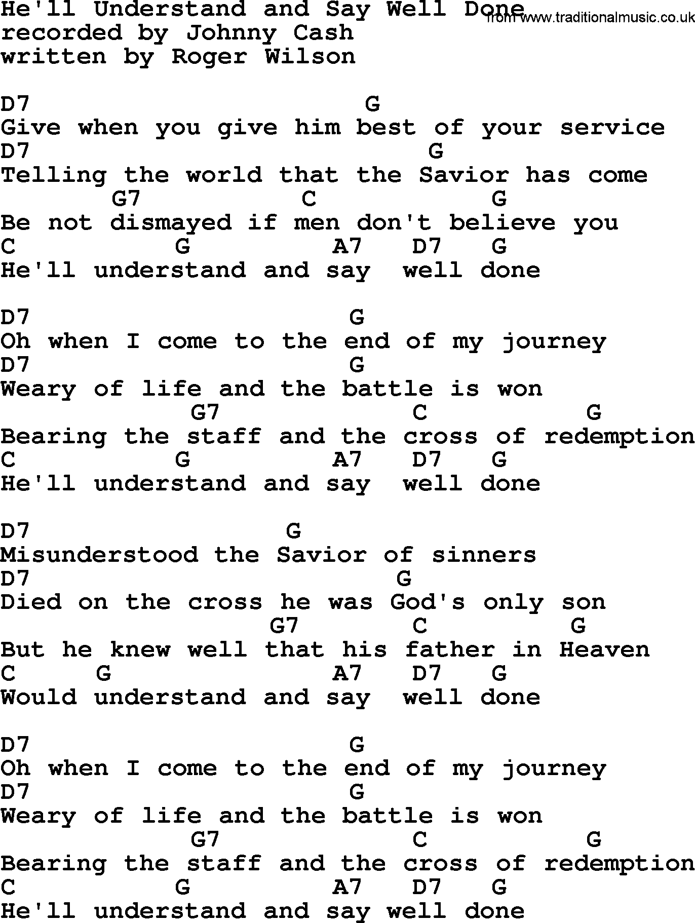 Johnny Cash song He'll Understand And Say Well Done, lyrics and chords
