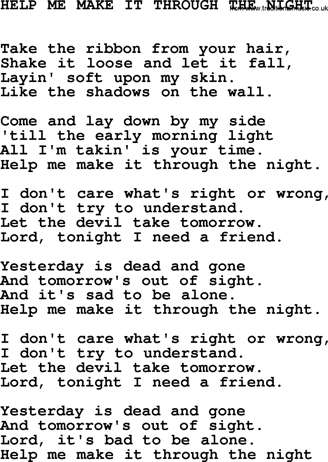 Johnny Cash song Help Me Make It Through The Night.txt lyrics